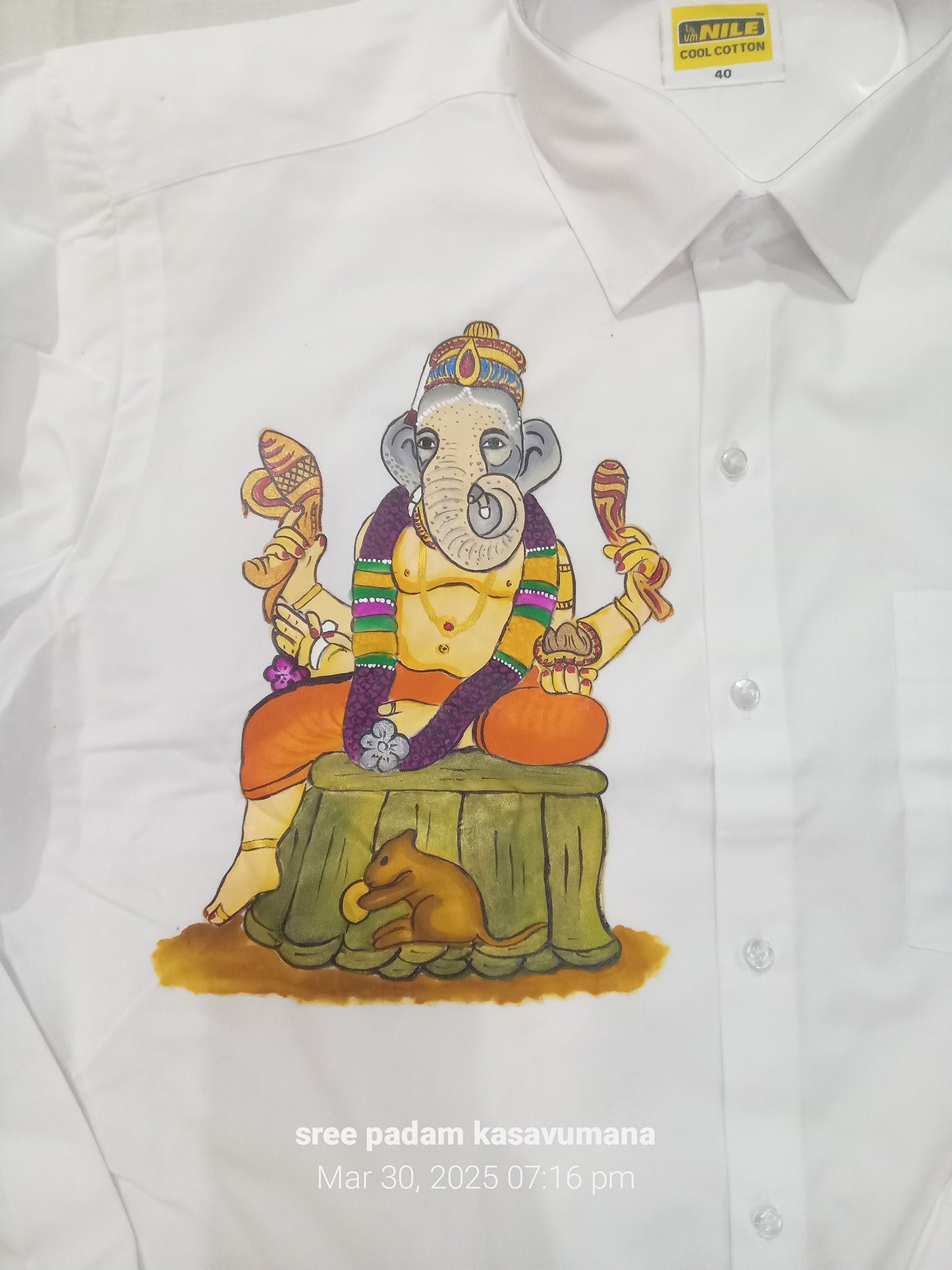 Ganapathi hand mural painting on white cotton shirt