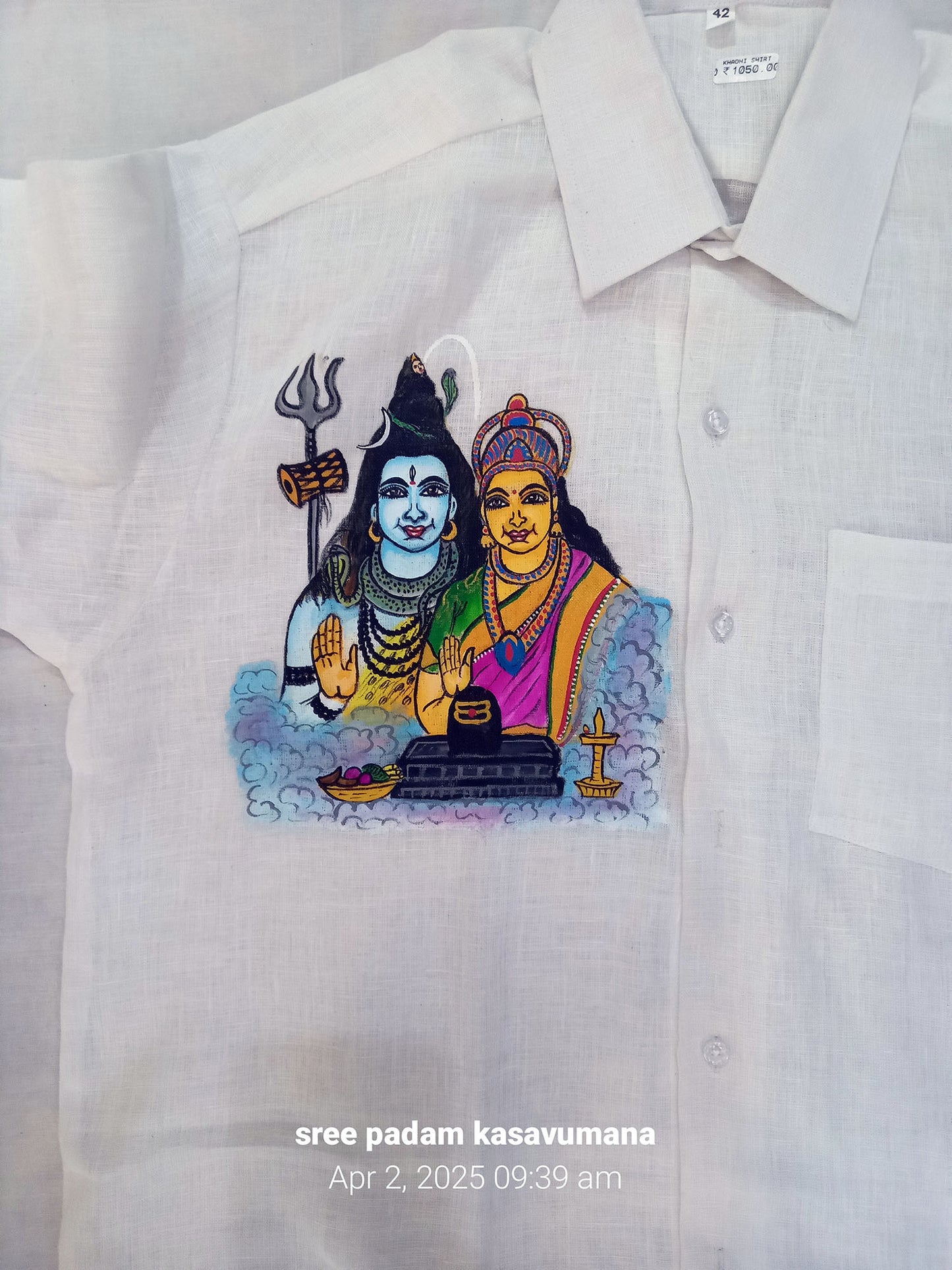 Cute ShivaParvathi design hand mural painting on white cotton shirt