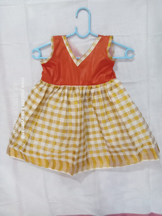 check design orange designer kerala tissue kasavu frock for kids