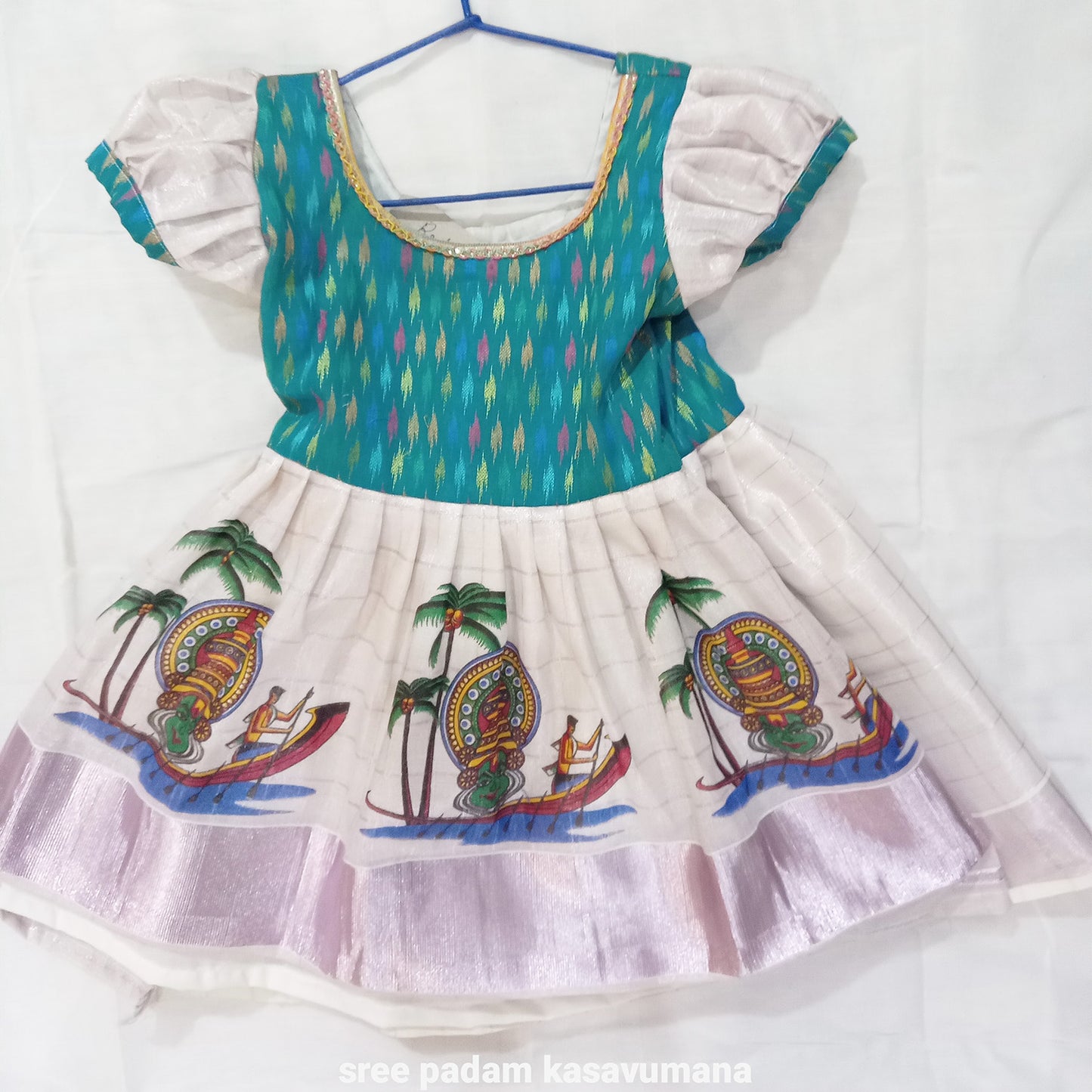 Designer copper tissue kathakali with boat design kerala frock for kids