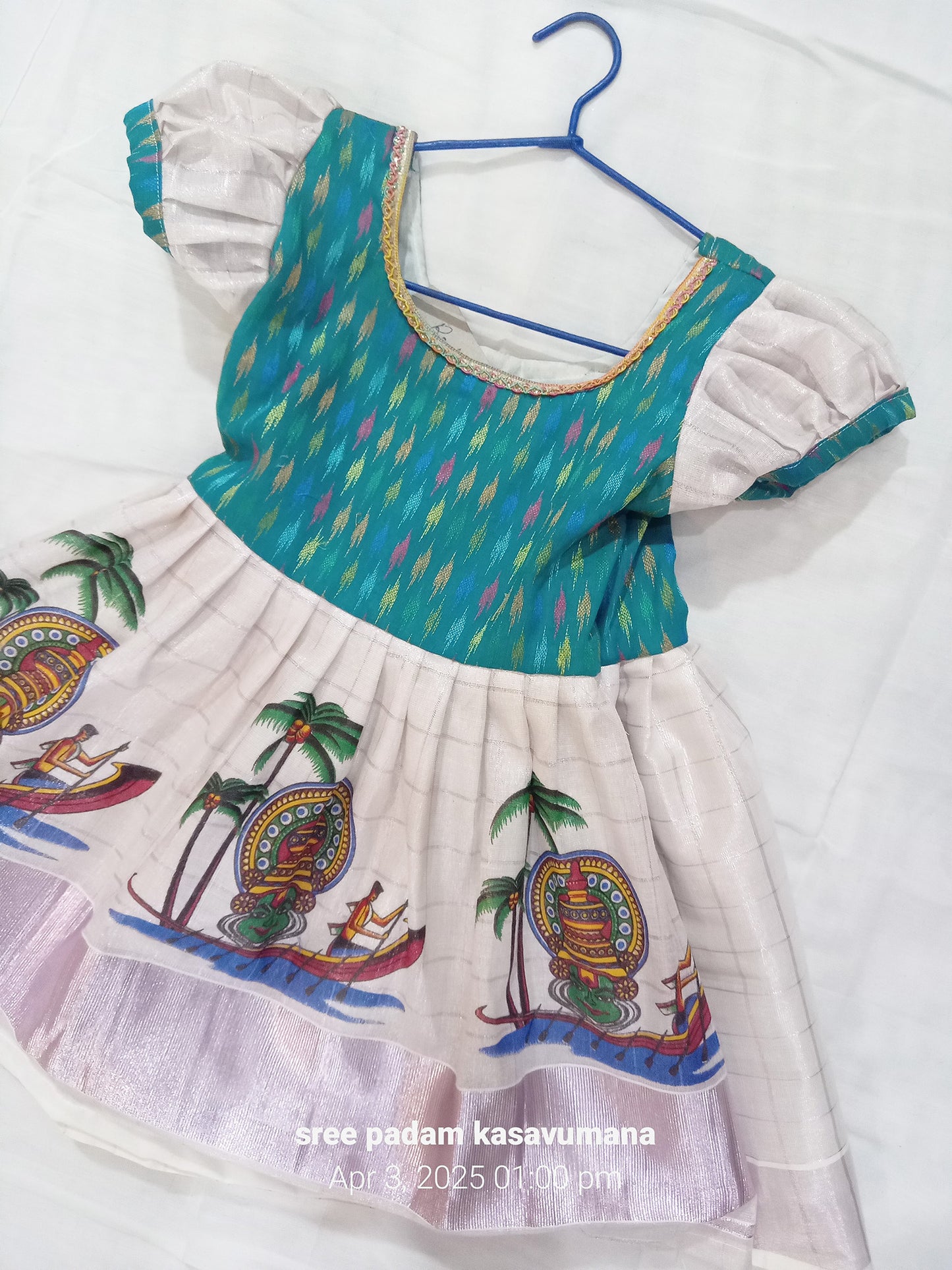 Designer copper tissue kathakali with boat design kerala frock for kids