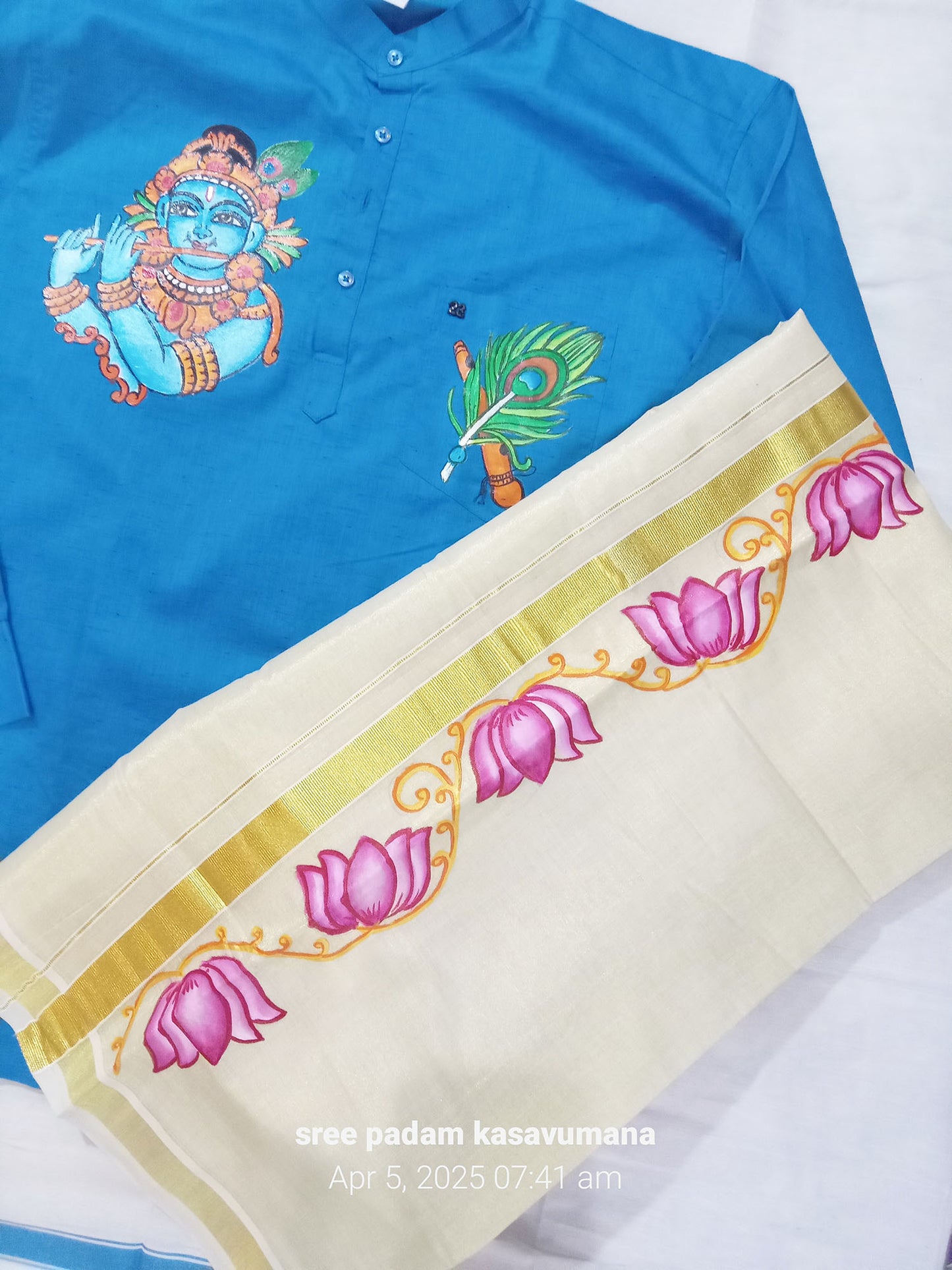 krishna peeli mural hand painting on blue shirt with lotus silk mundu