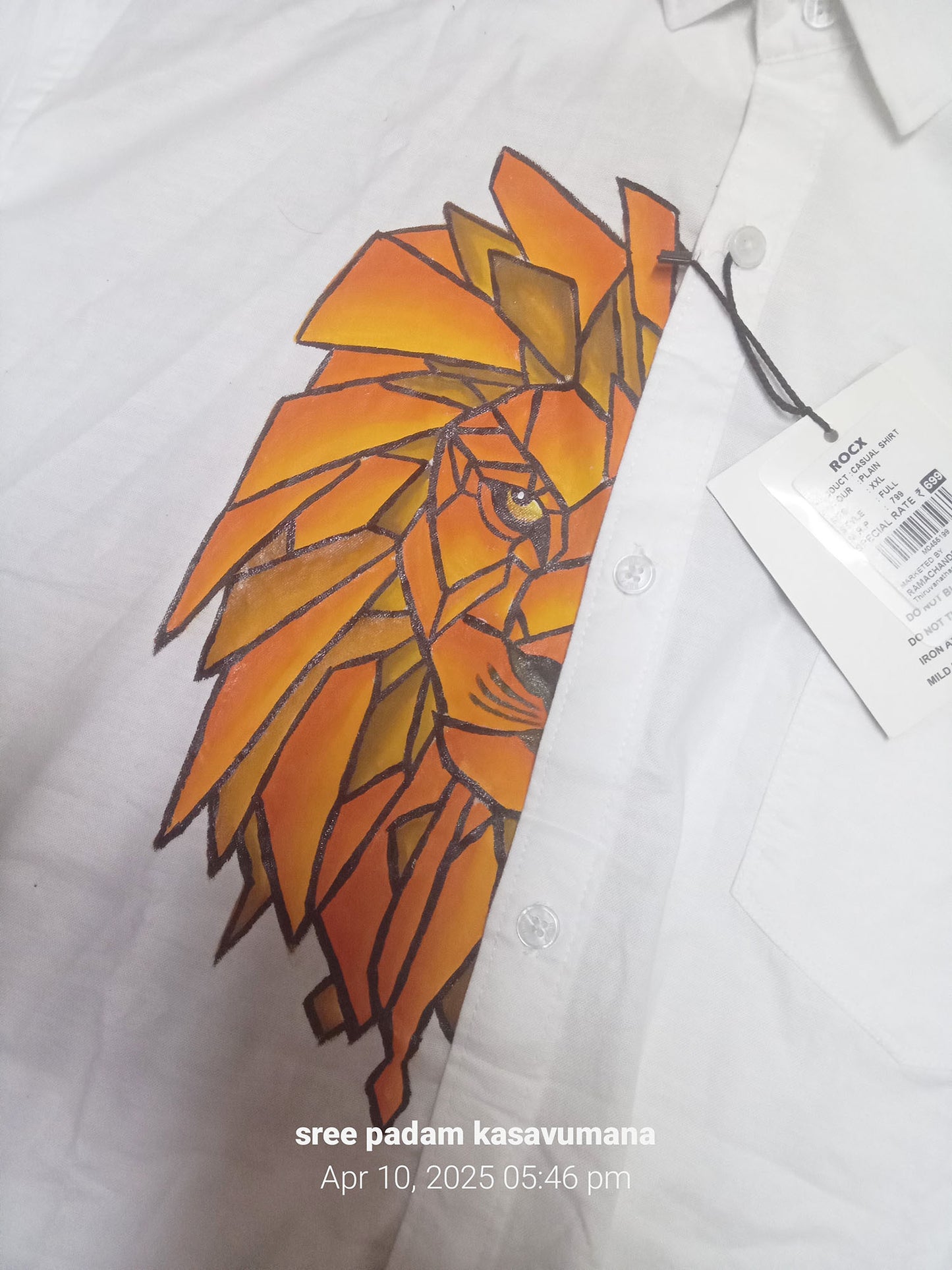 Half Lion face design hand painting on white cotton shirt