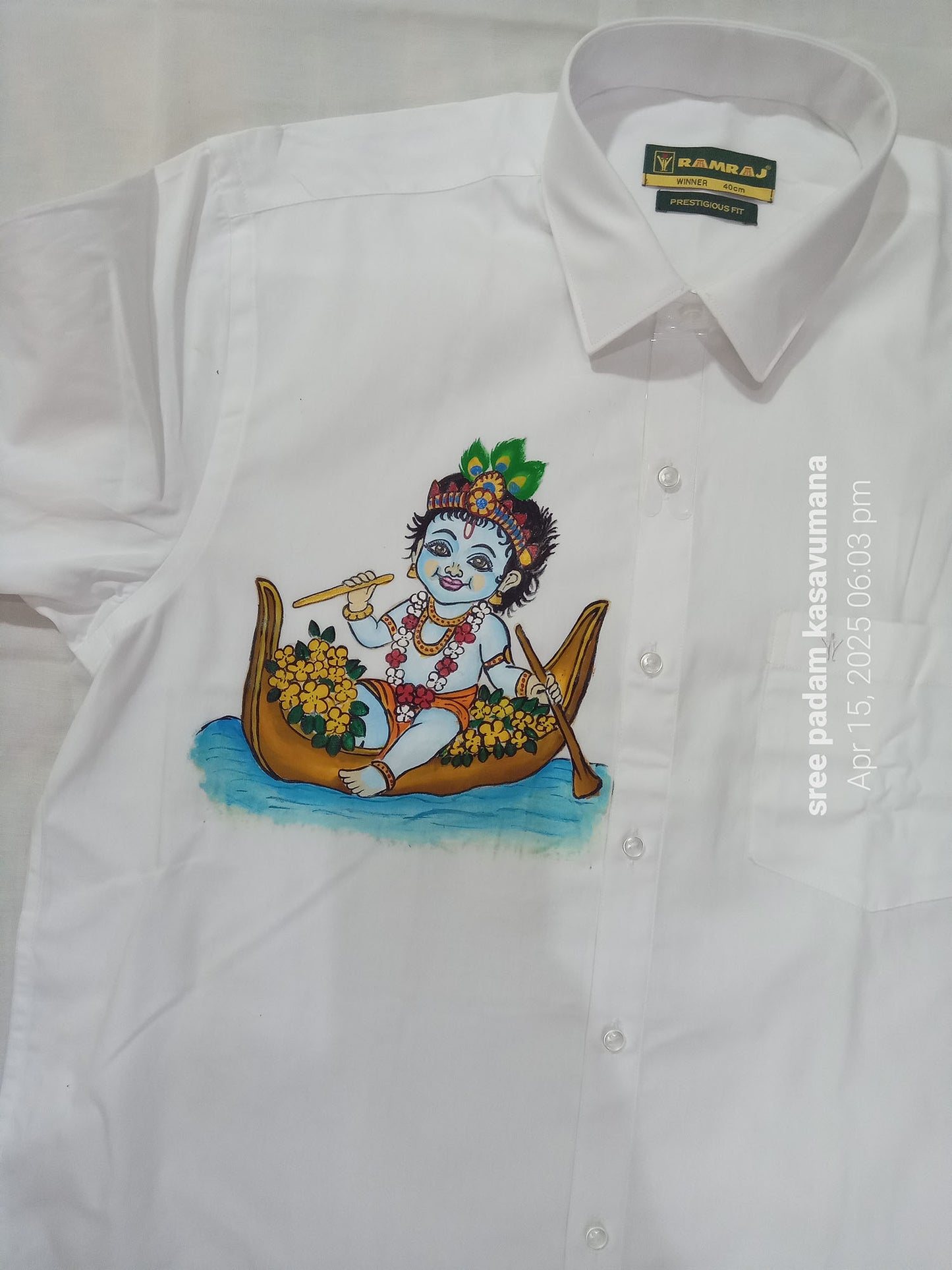 Cute Krishna with boat design hand mural painting on white cotton shirt