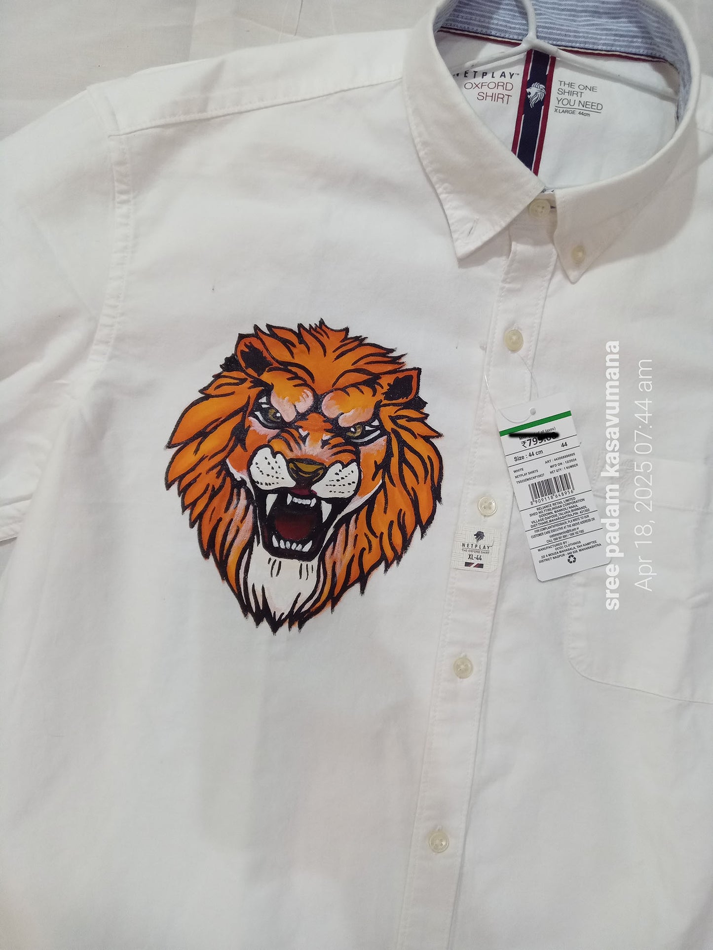 beautiful Lion face design hand painting on white cotton shirt