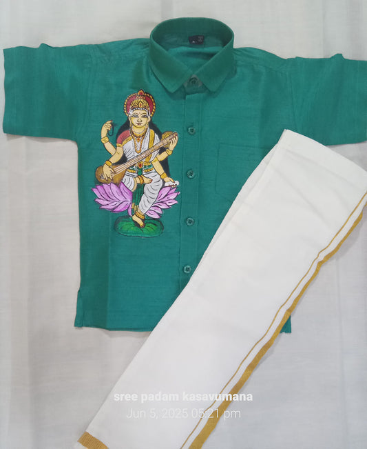 Saraswathi devi hand mural painting on green silk shirt with mundu for kids