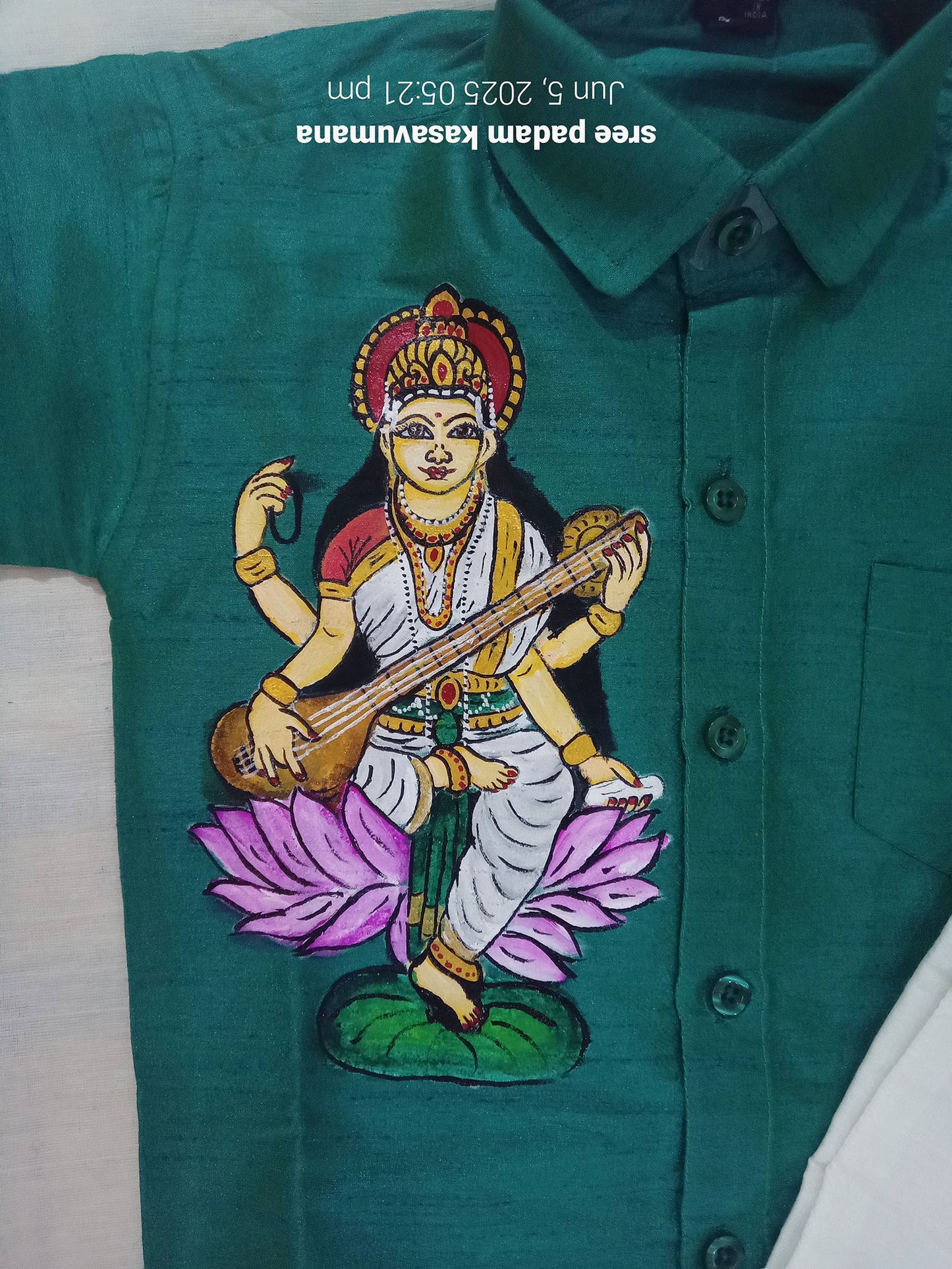 Saraswathi devi hand mural painting on green silk shirt with mundu for kids