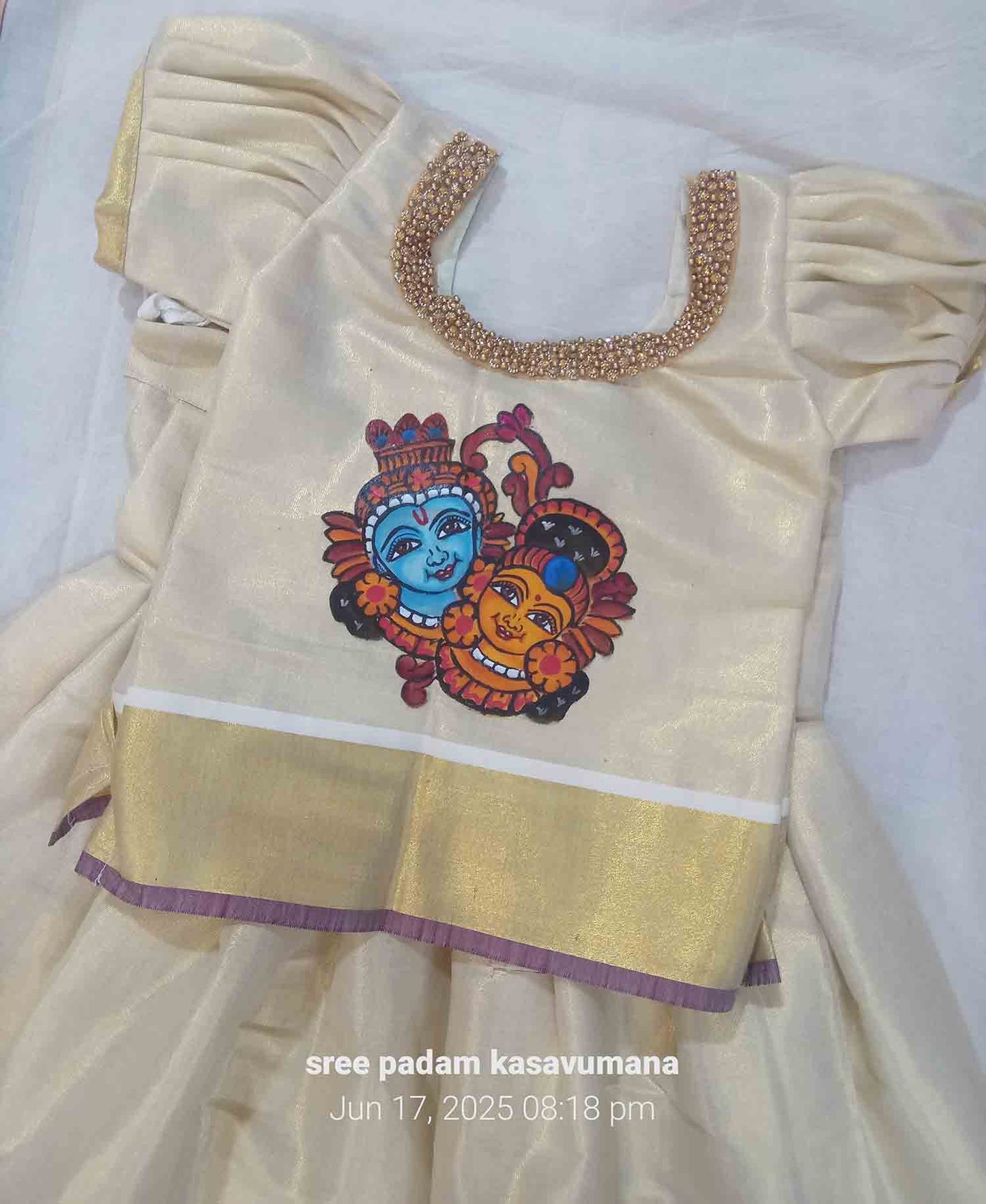 Radha krishna hand mural painting with peeli design kerala tissue pattu pavada for kids