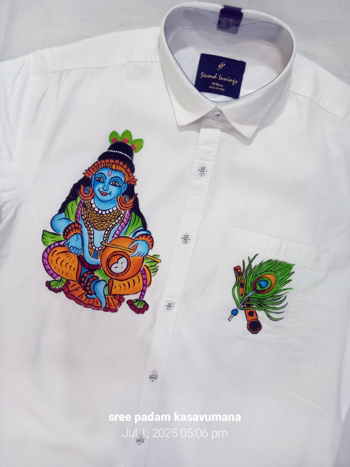 Krishna with butter pot mural hand painting on white cotton shirt