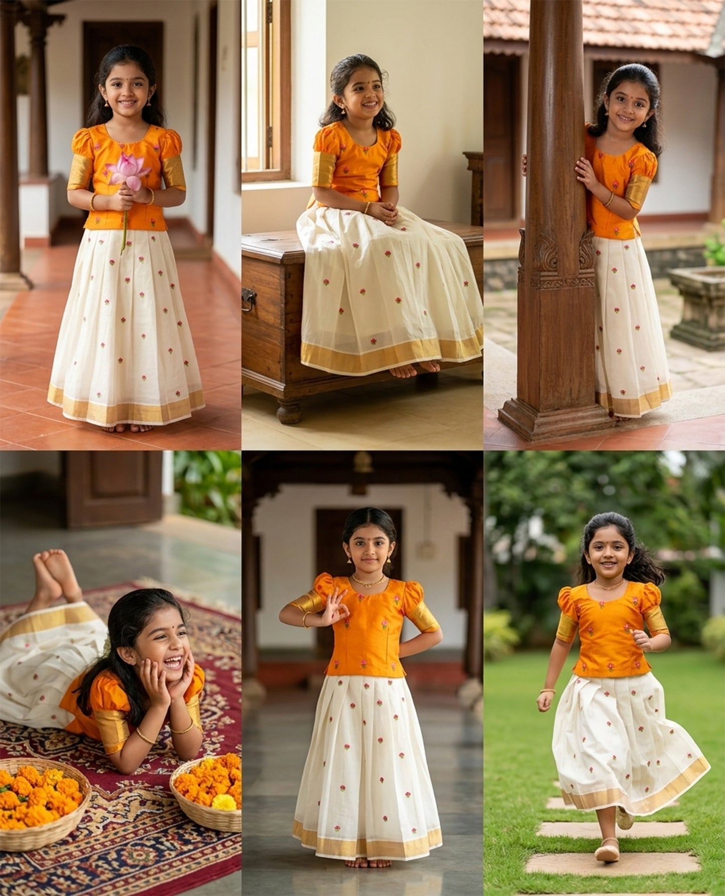 Designer flower hand painting top kerala cotton kasavu pattu pavada for girls