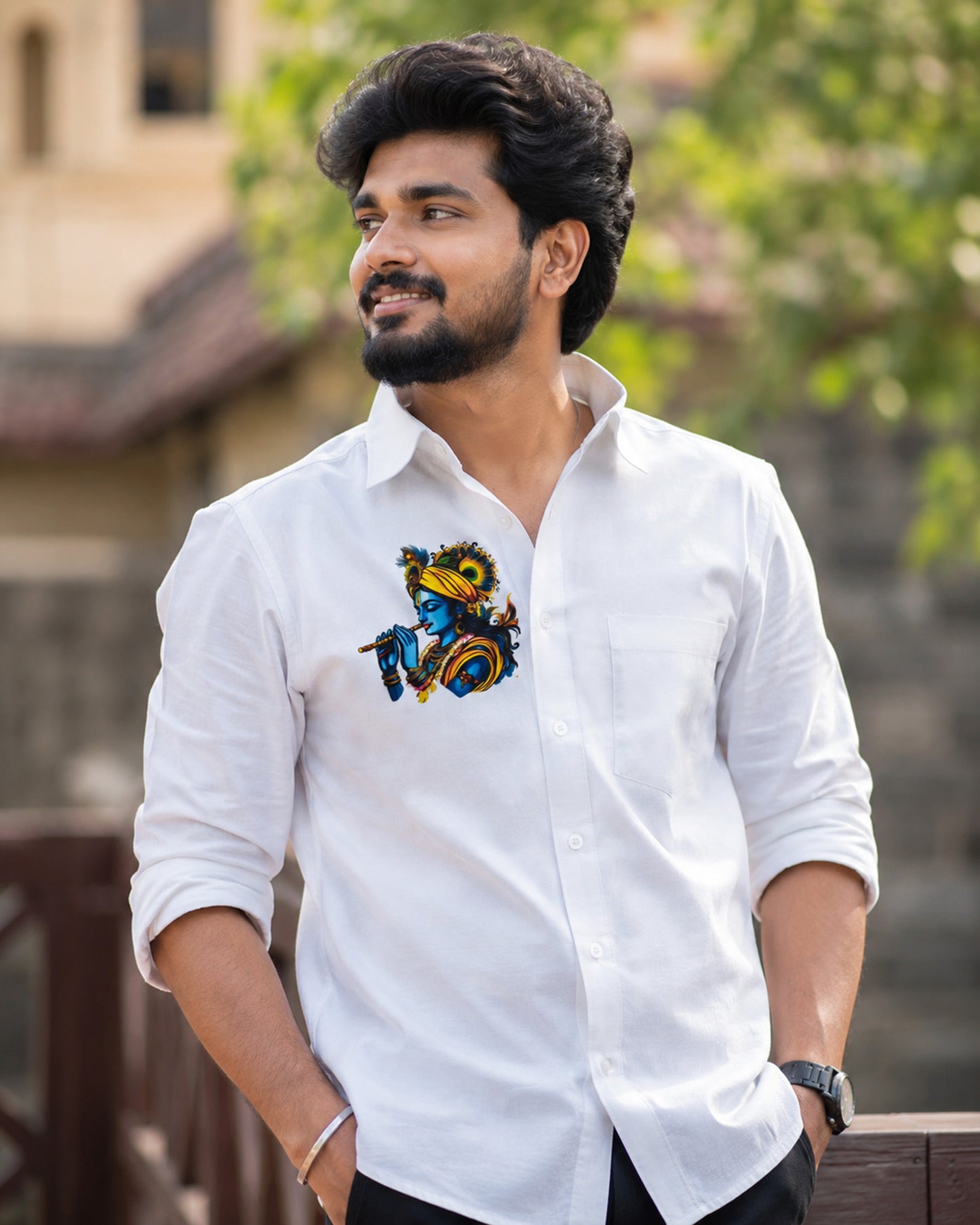 Krishna with flute mural printed white cotton shirt
