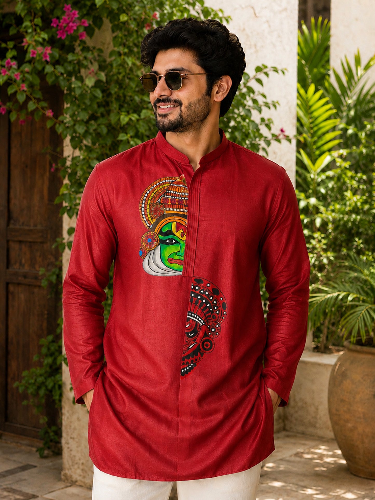 Kathakali theyyam combo hand mural painting red silk kurta