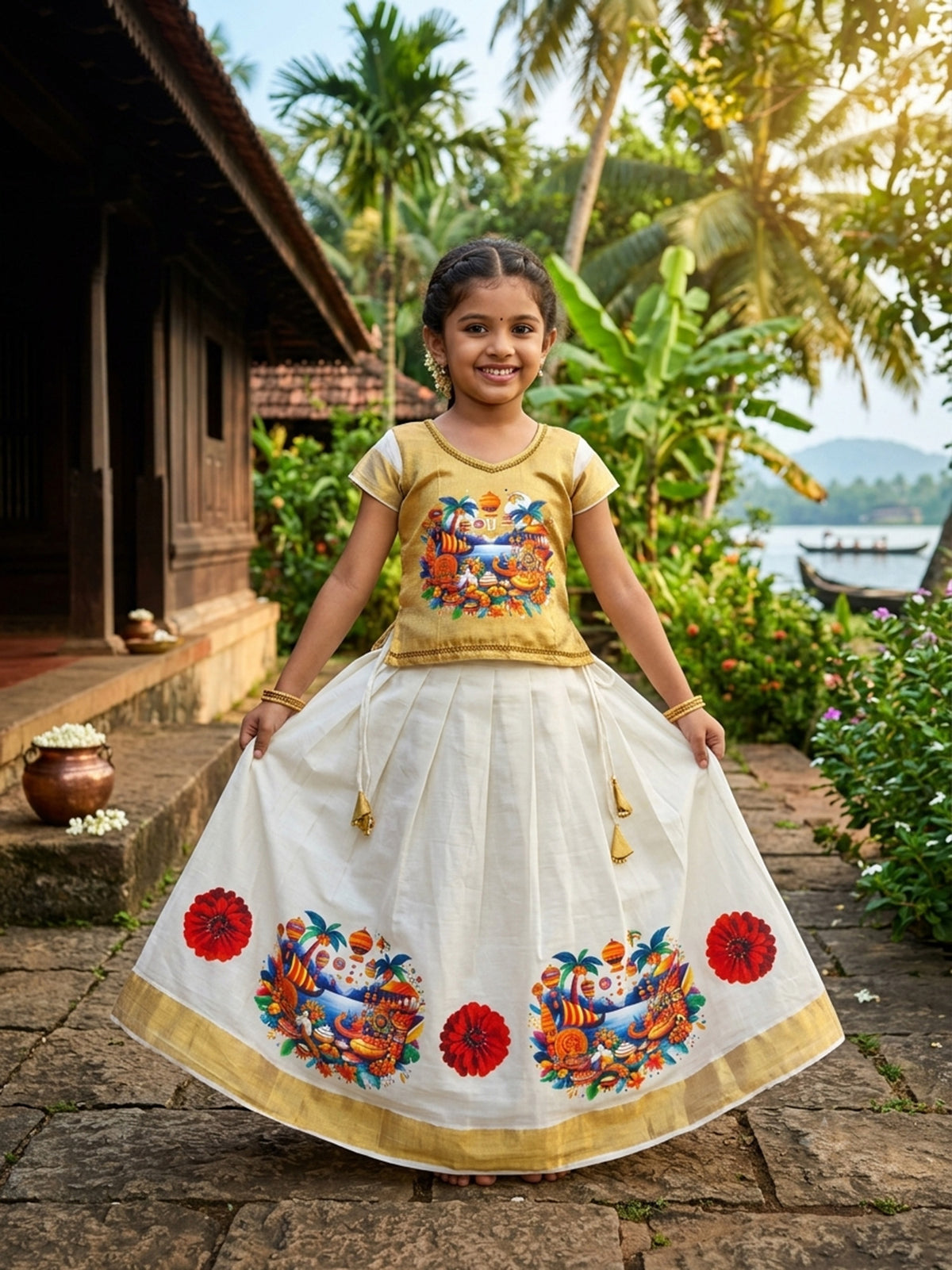 Traditional art form print kerala cotton kasavu kids pattu pavada