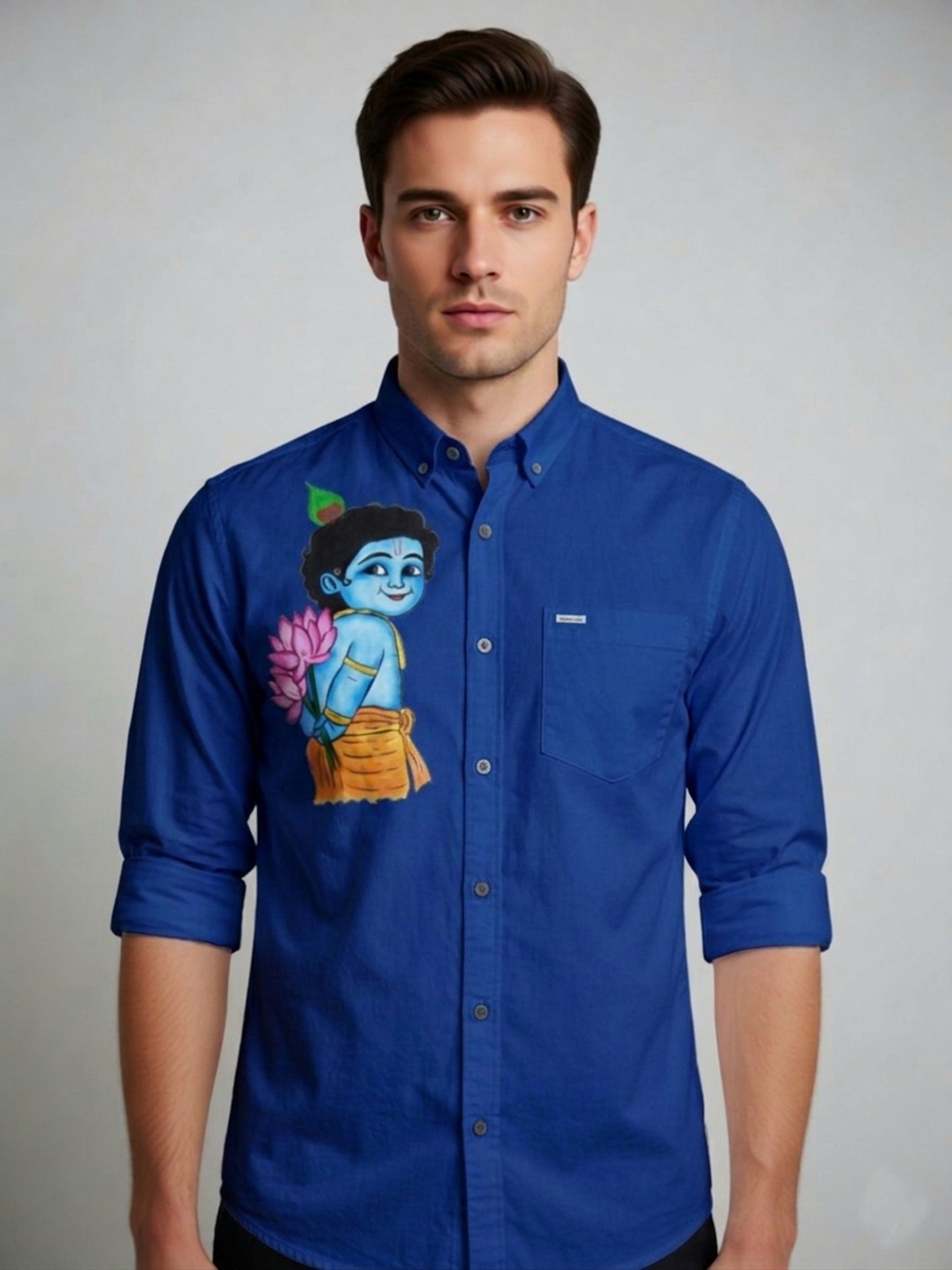 Big Krishna hand painting on blue cotton shirt