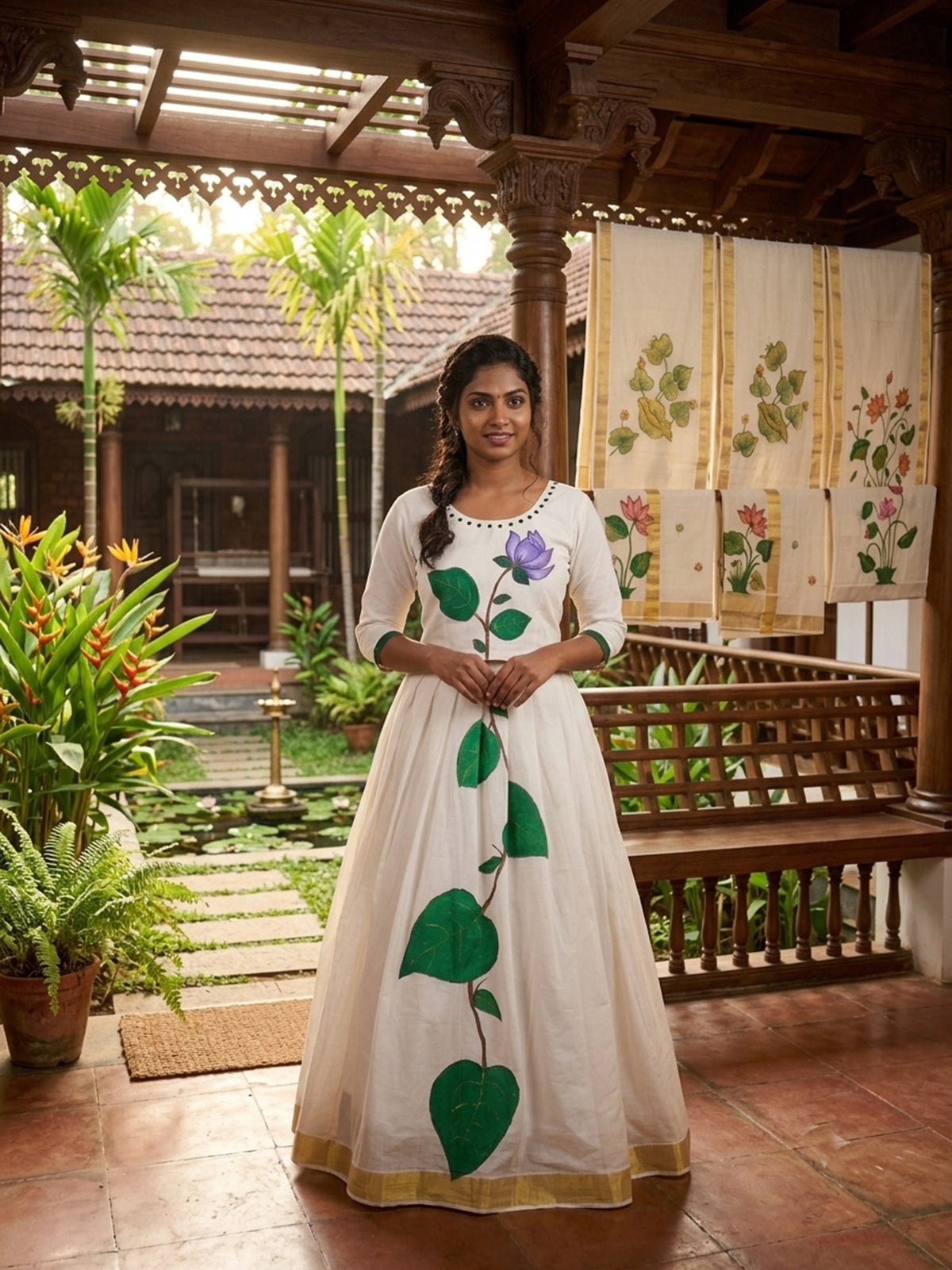 Leaf design hand painting kerala pattu pavada for women