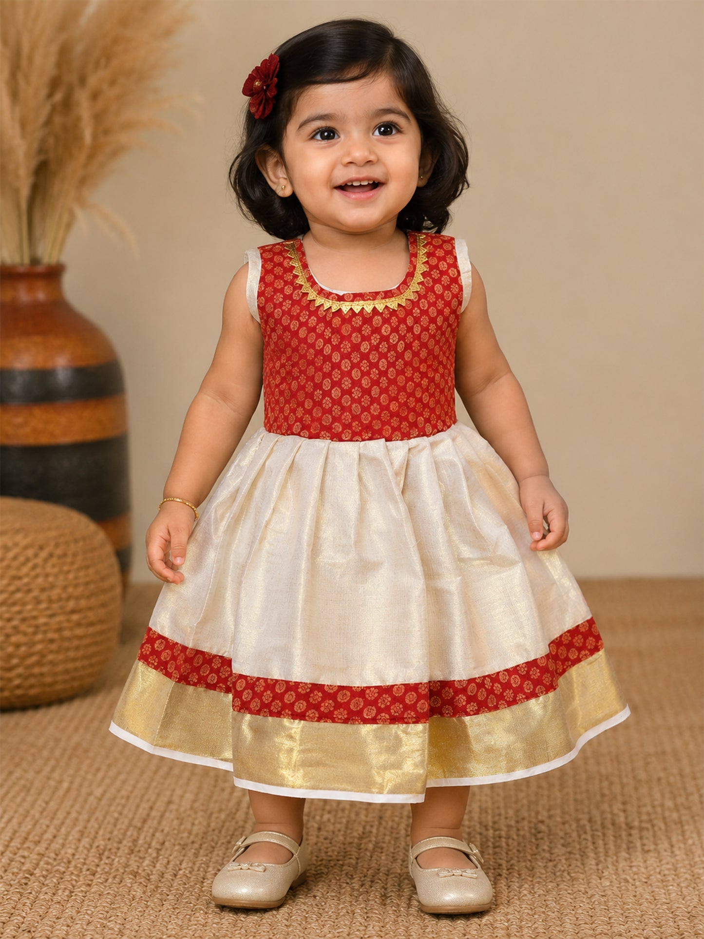 Red kalamkari design border kerala cotton kasavu frock for kids