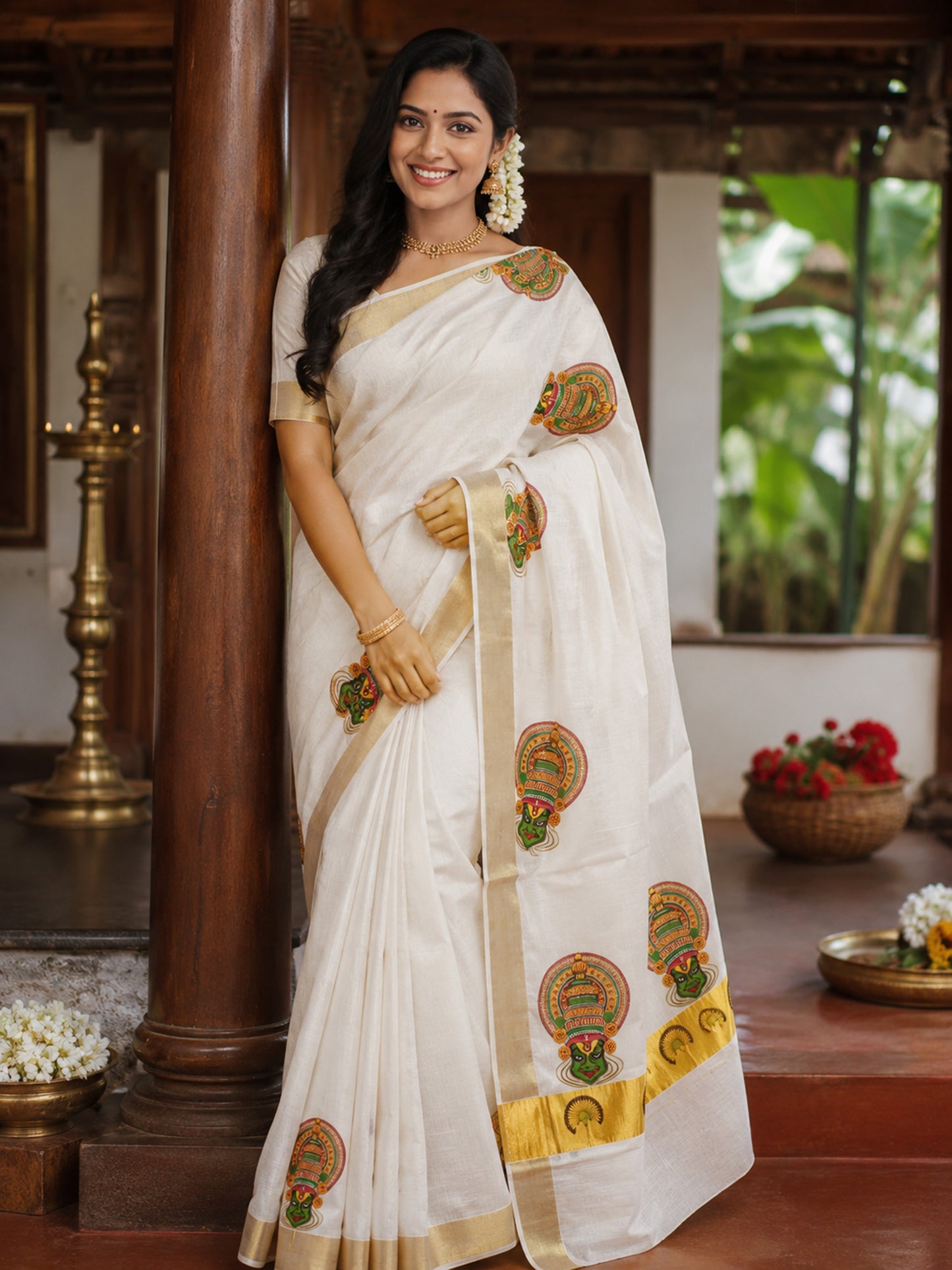 Kathakali design print kerala tissue kasavu saree