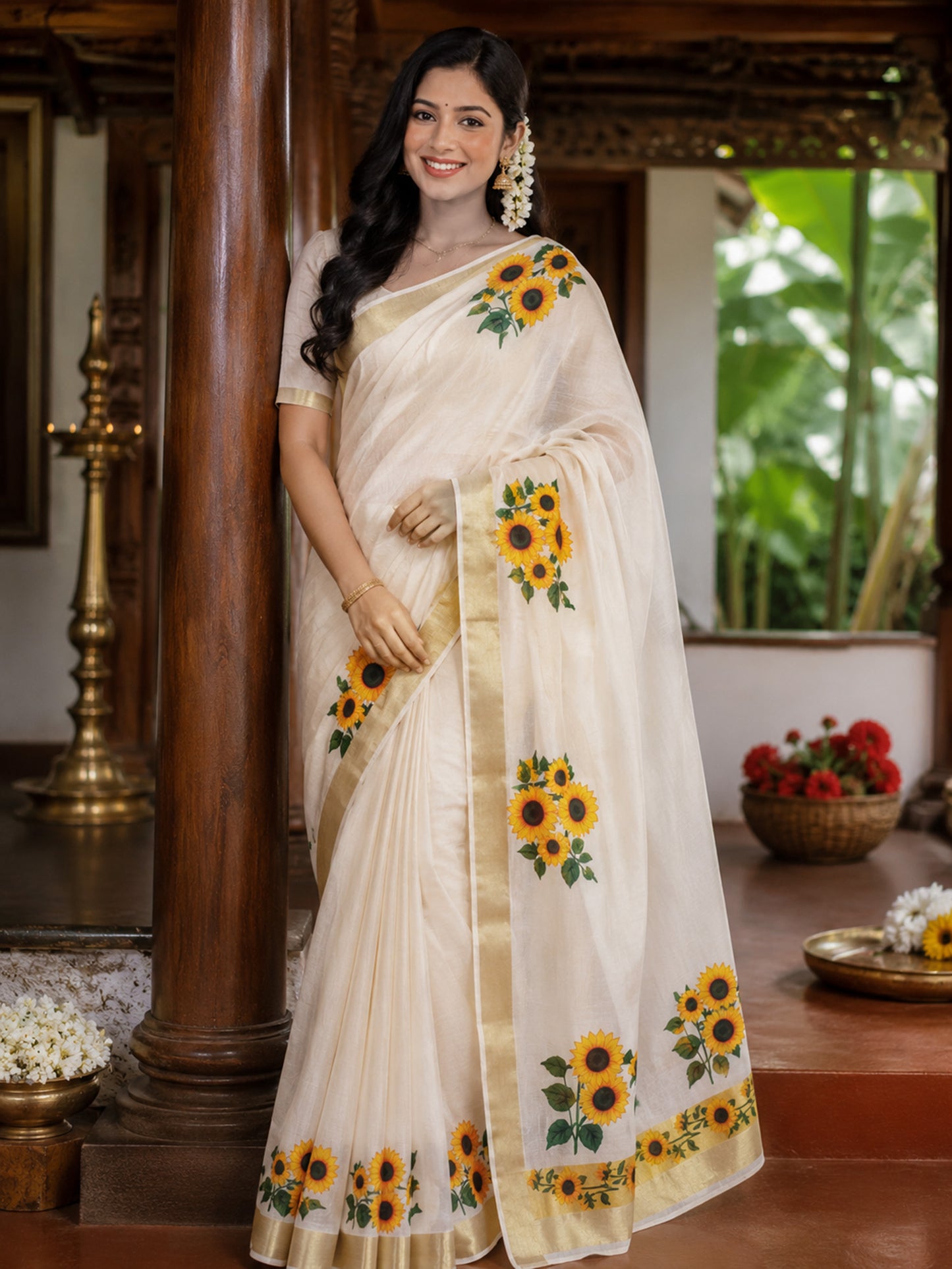 Sun flower design print kerala tissue kasavu saree