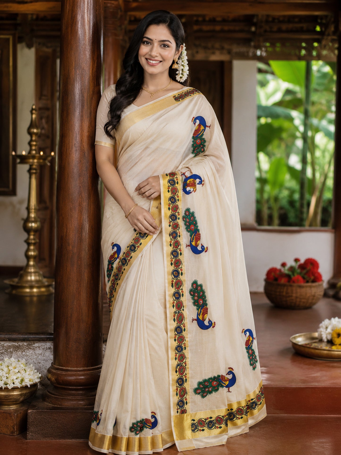 peacock design print kerala tissue kasavu saree