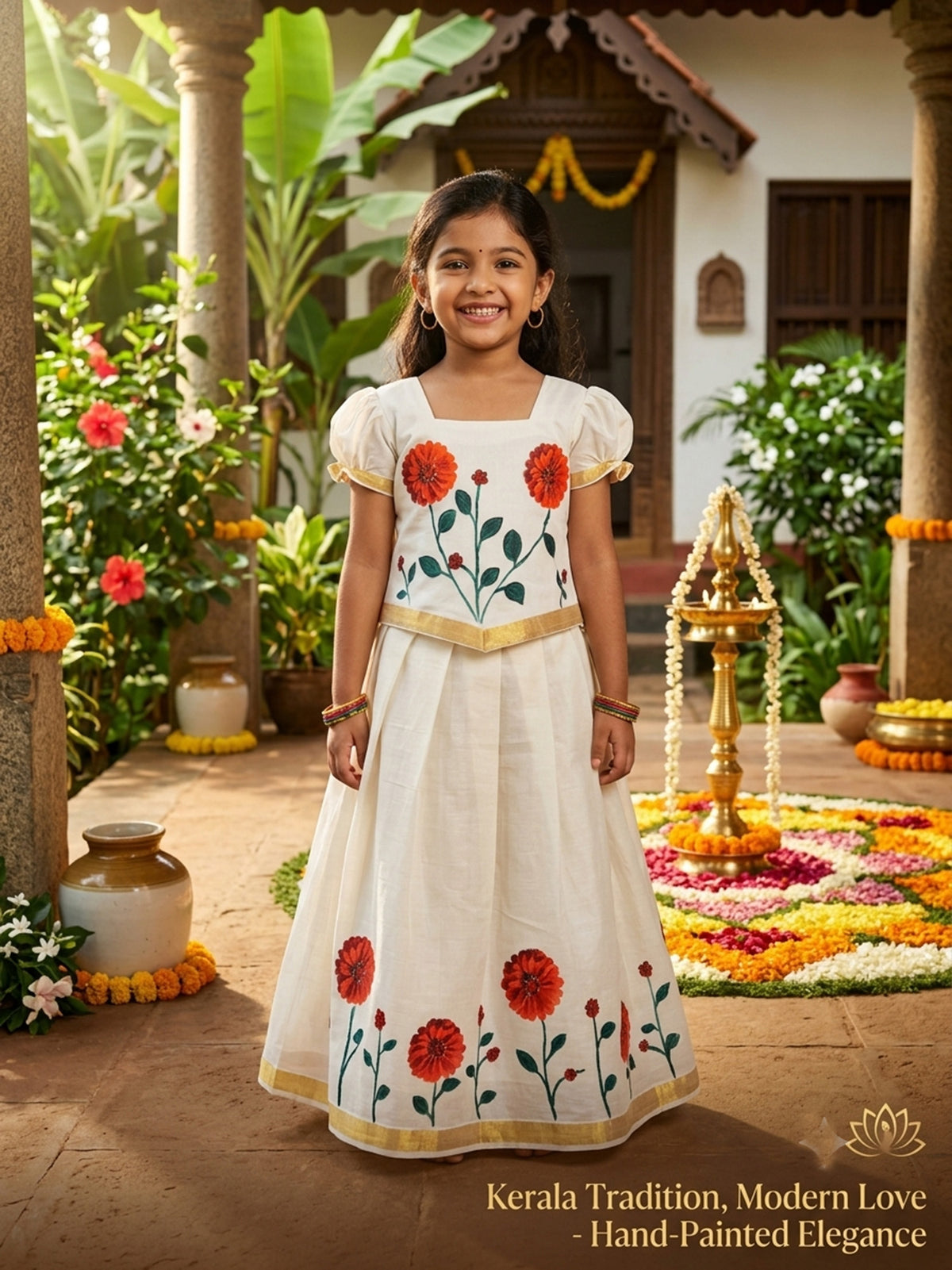 Red flower hand painting kerala cotton kids pattu pavada