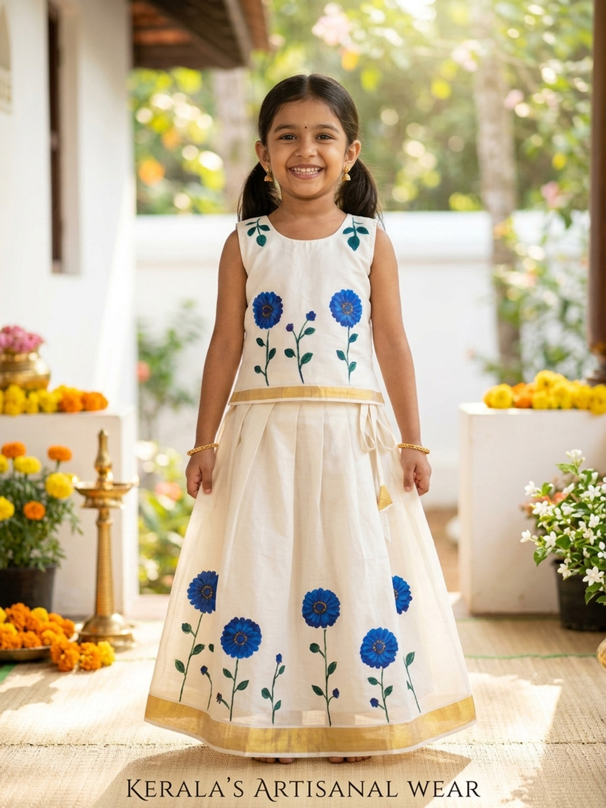 Blue flower hand painting kerala cotton kids pattu pavada