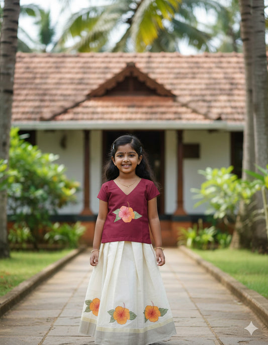 Designer hand mural painting lotus design tissue pattu pavada with maroon blouse for kids