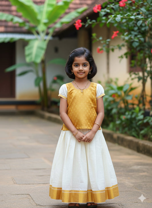 kerala kasavu pattu pavada with golden blouse at low price for kids