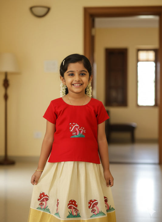 Designer hand mural painting mushroom design pattu pavada with red blouse for kids