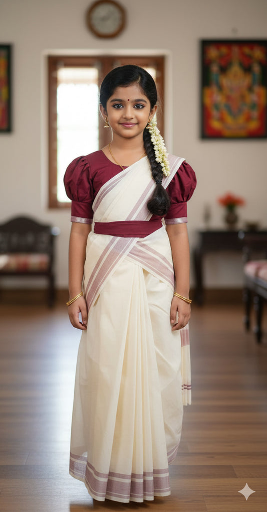 Designer kerala kasavu frock model half saree for kids