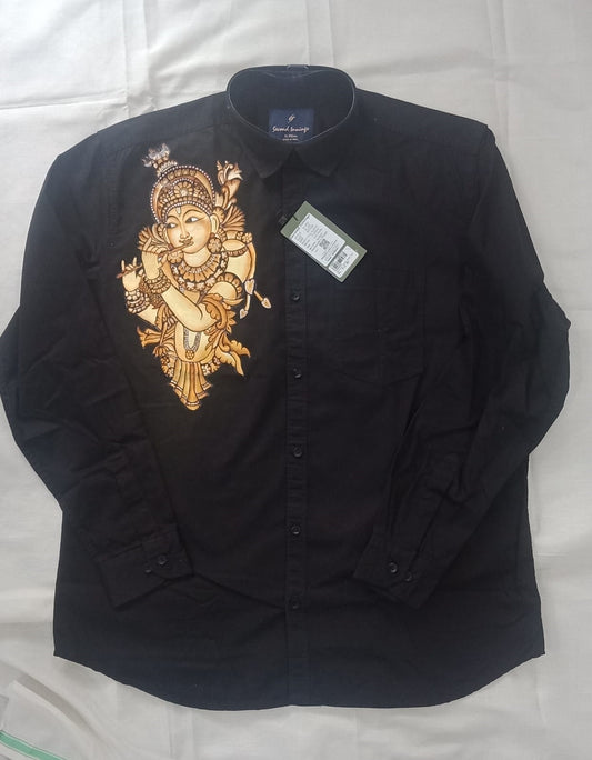 Copper shade Krishna hand mural painting on black cotton shirt