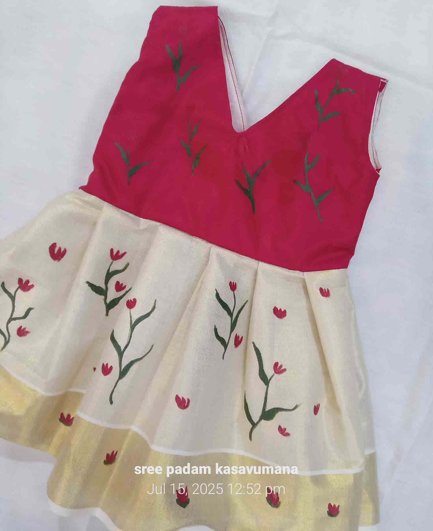 Hand mural painting kerala tissue kasavu frock with flower and leaf design for kids