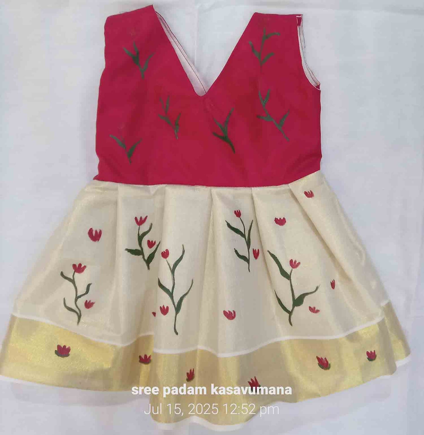 Hand mural painting kerala tissue kasavu frock with flower and leaf design for kids