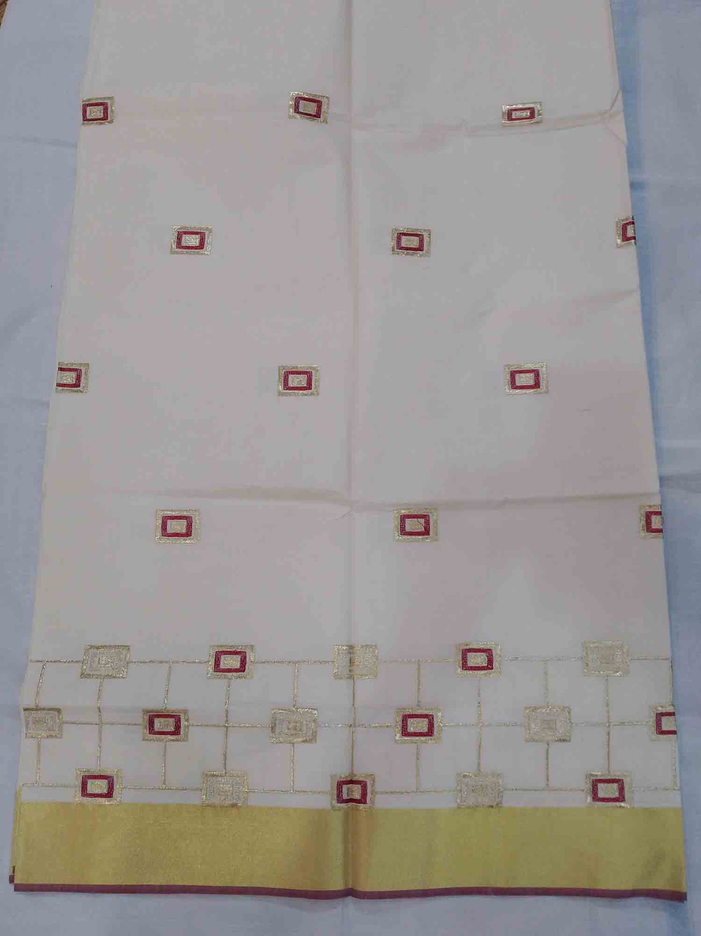 Square embroidery designer kerala kasavu saree