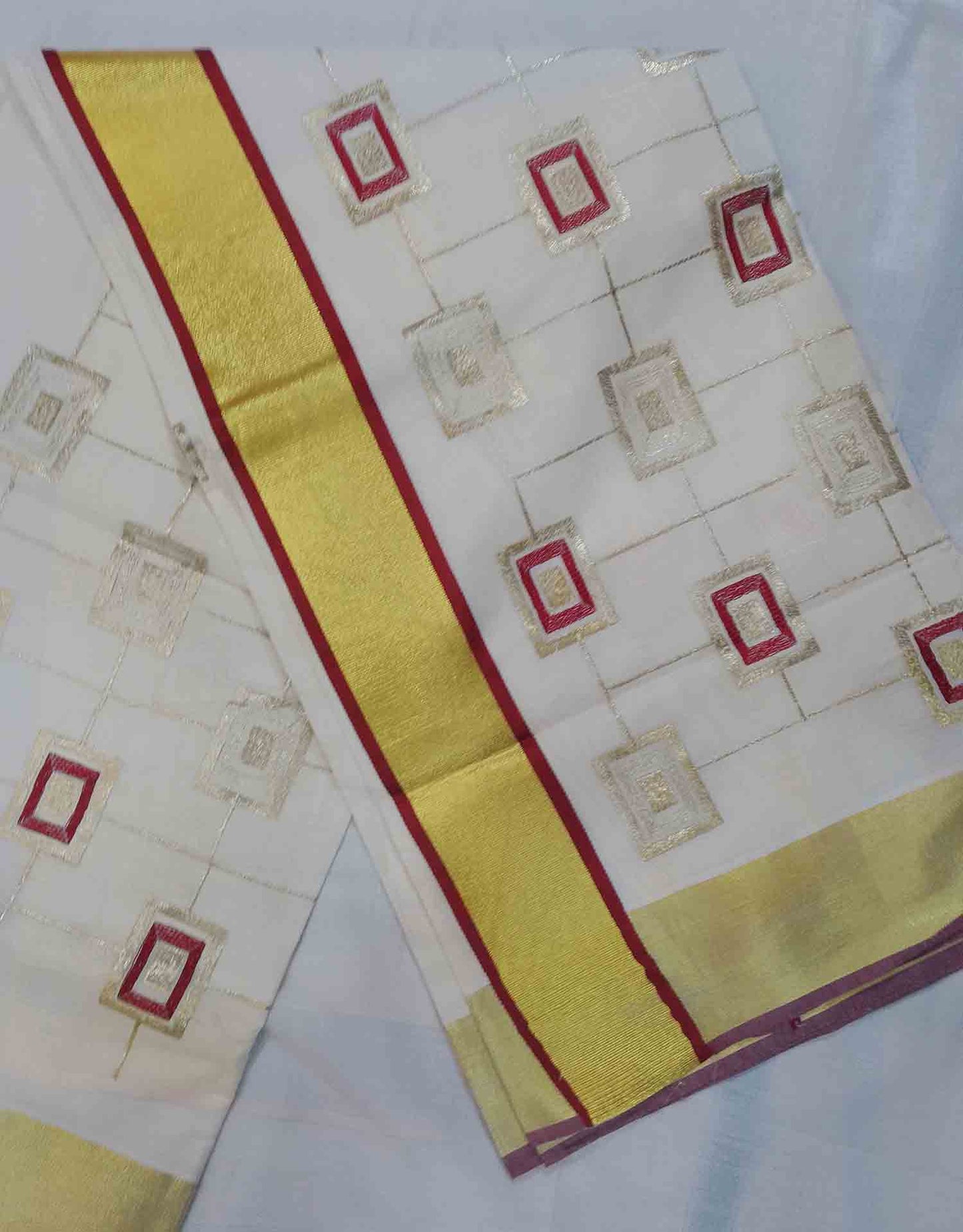 Square embroidery designer kerala kasavu saree