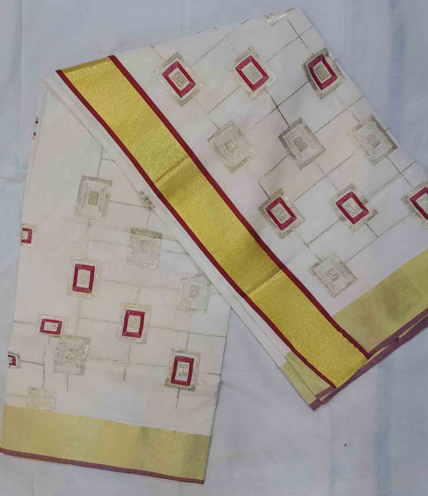 Square embroidery designer kerala kasavu saree