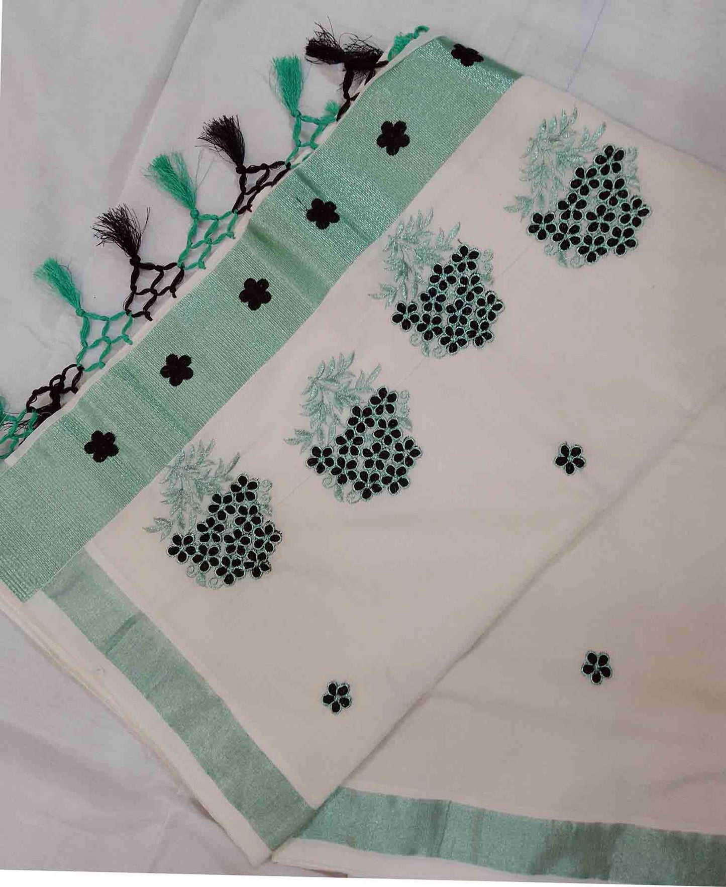 Flower embroidery designer kerala kasavu saree