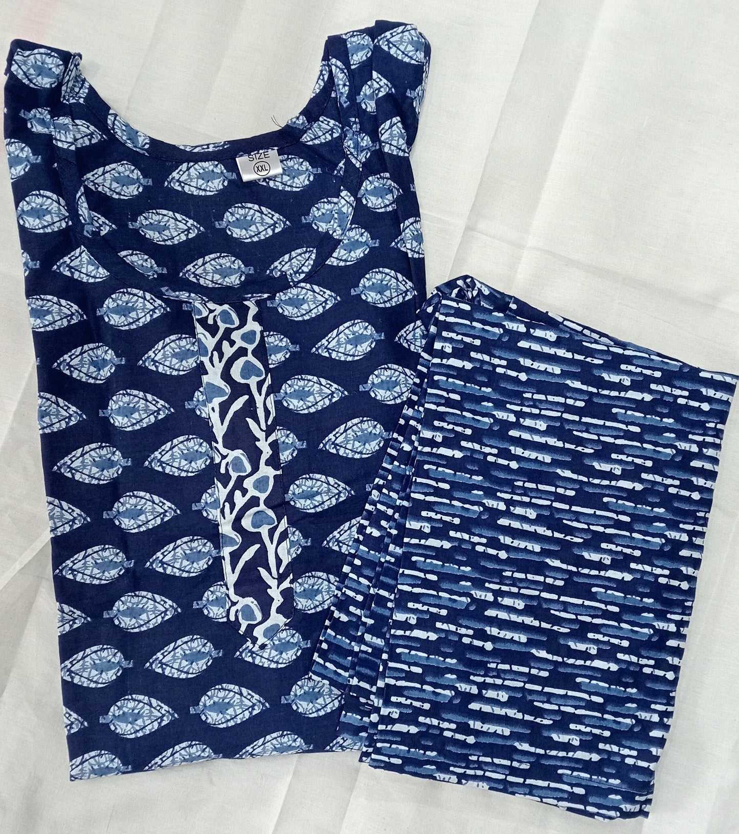Leaf abstract design blue stitched cotton kurta with pant