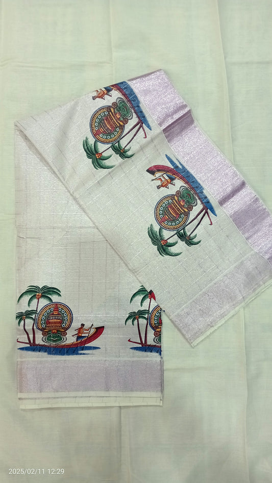 Kathakali with boat design kerala tissue rose gold kasavu line saree