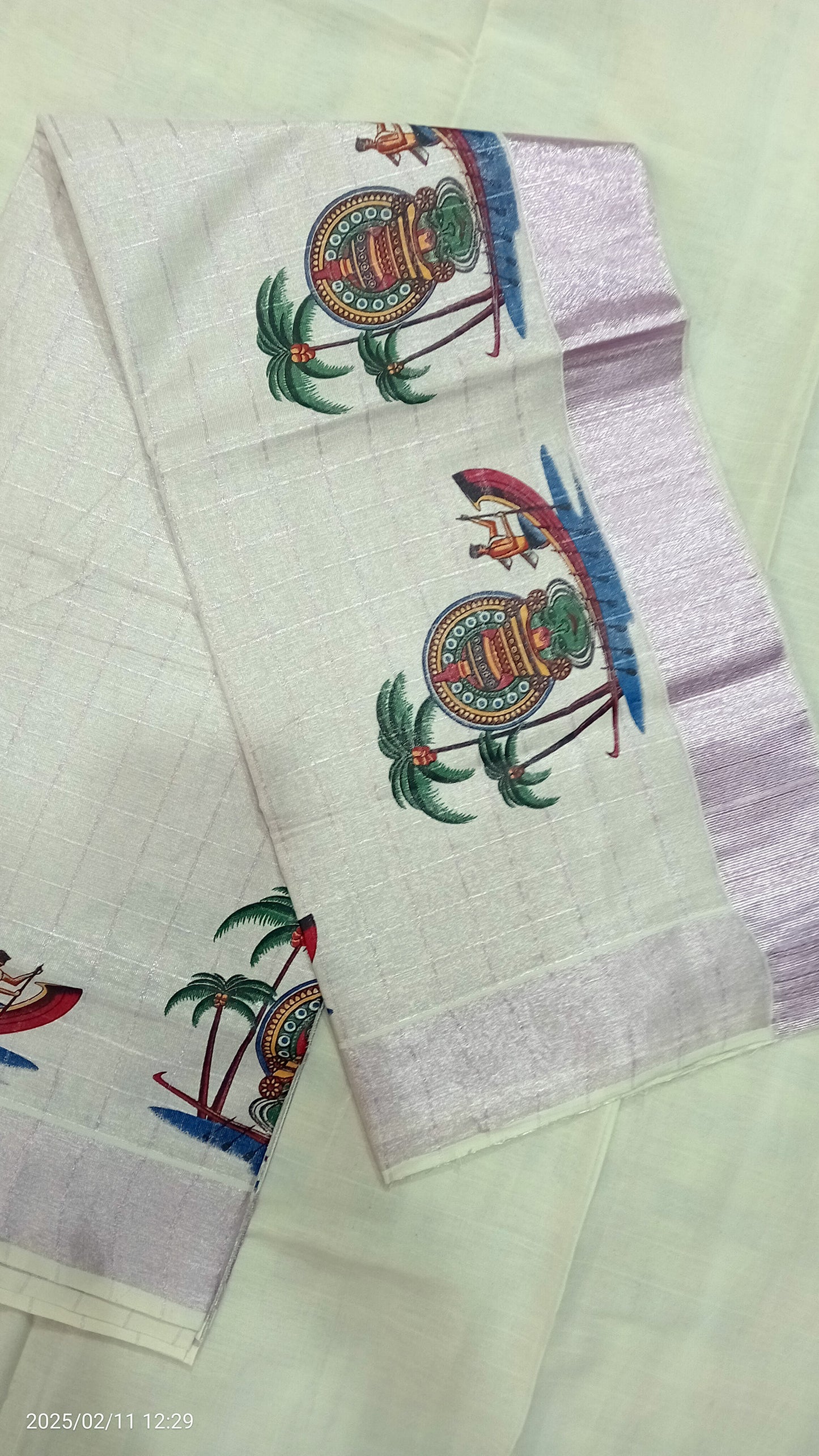 Kathakali with boat design kerala tissue rose gold kasavu line saree