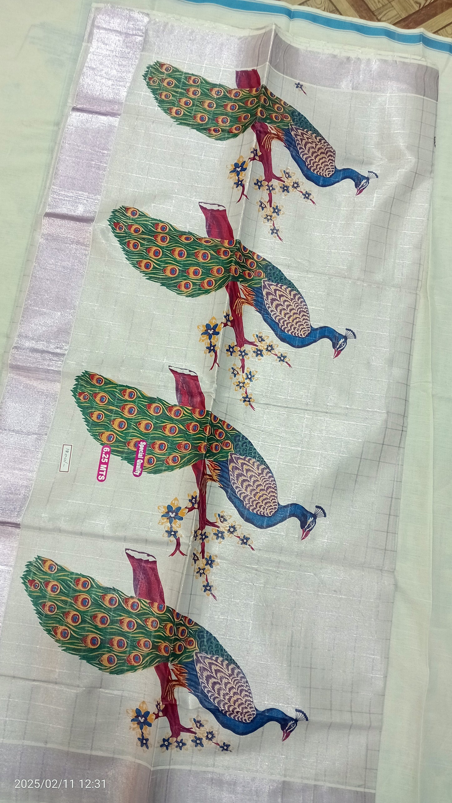 peacock print kerala tissue rose gold kasavu line saree