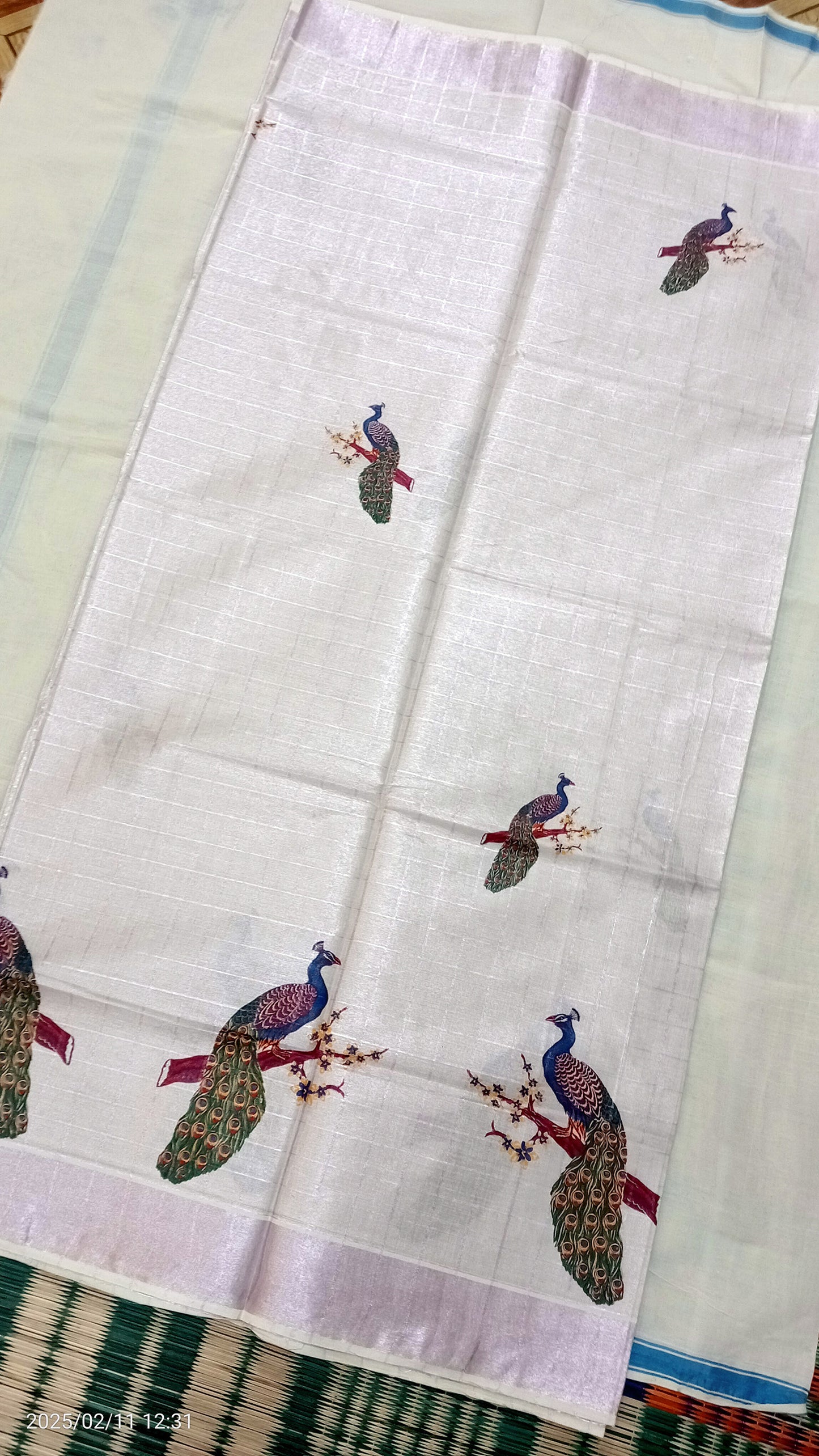 peacock print kerala tissue rose gold kasavu line saree