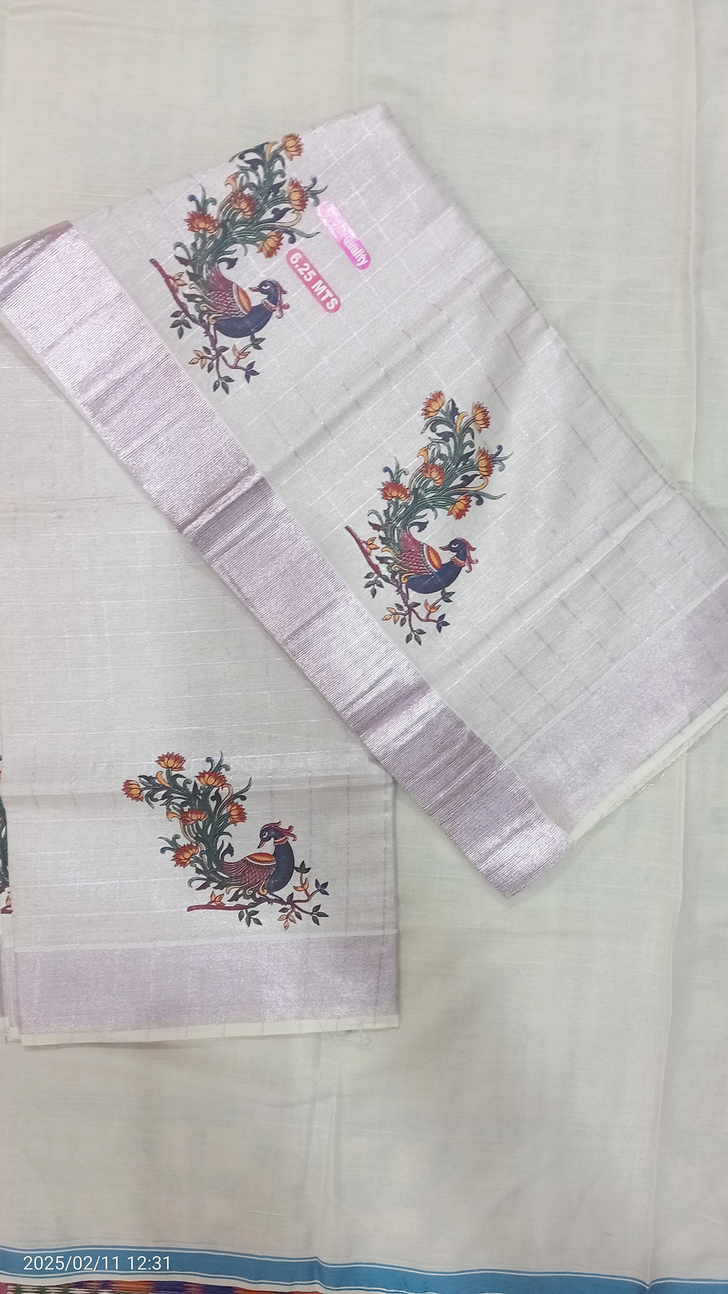 peacock print design kerala tissue rose gold kasavu line saree
