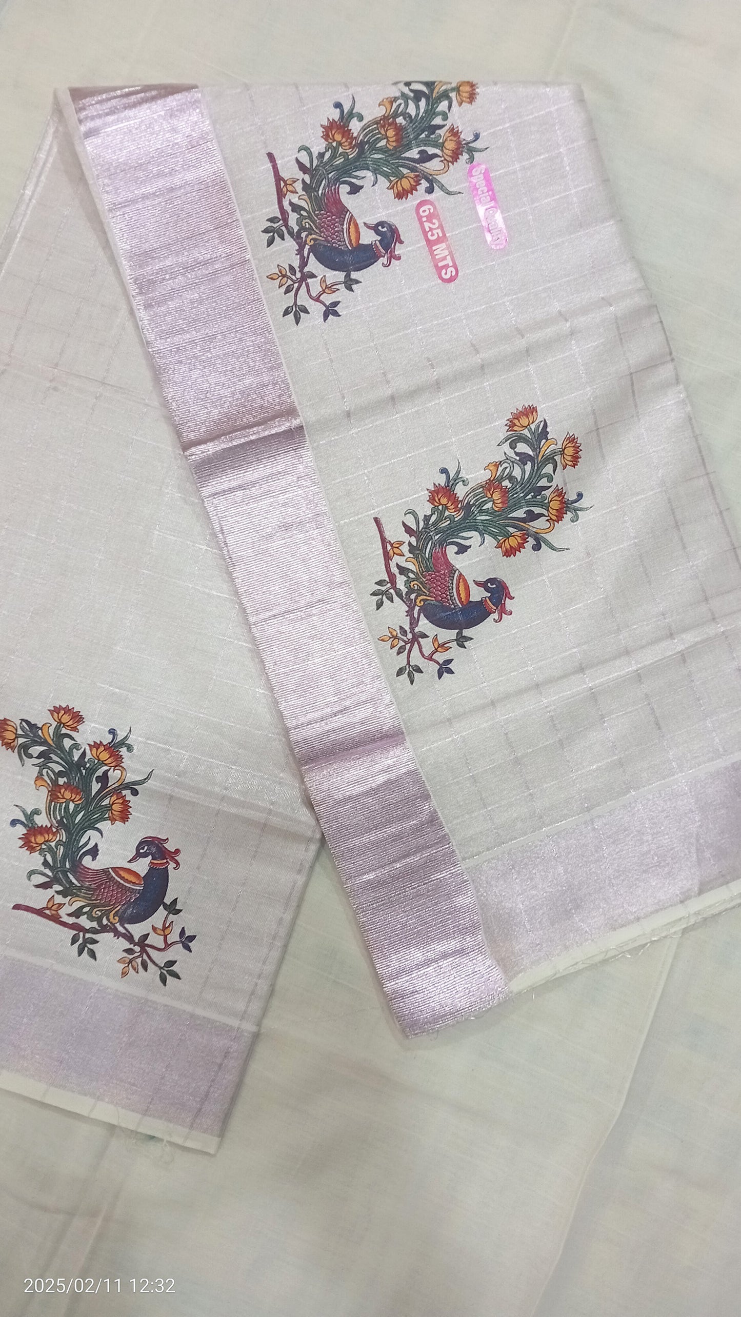 peacock print design kerala tissue rose gold kasavu line saree