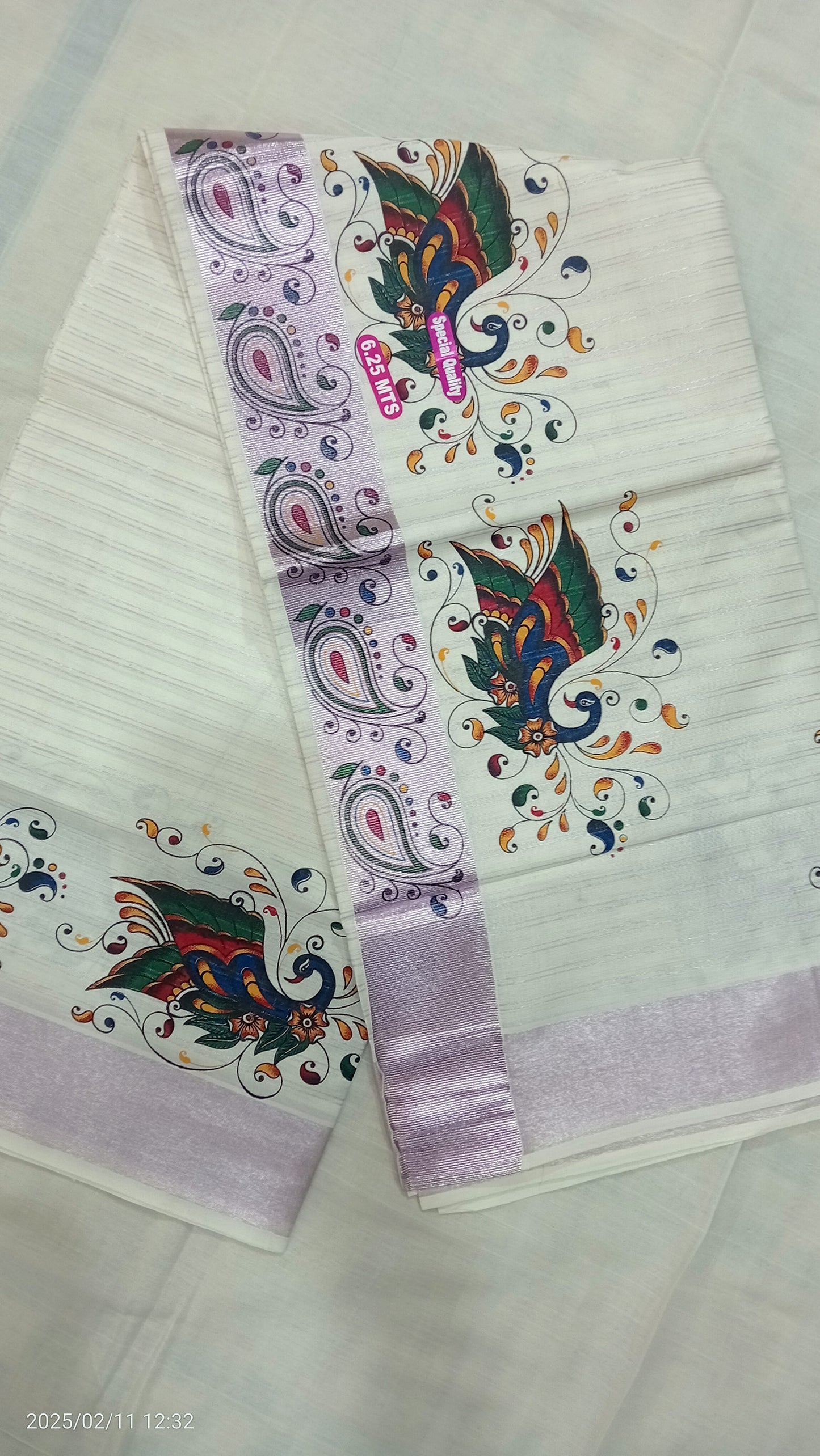 beautiful peacock print design kerala cotton rose gold kasavu line saree