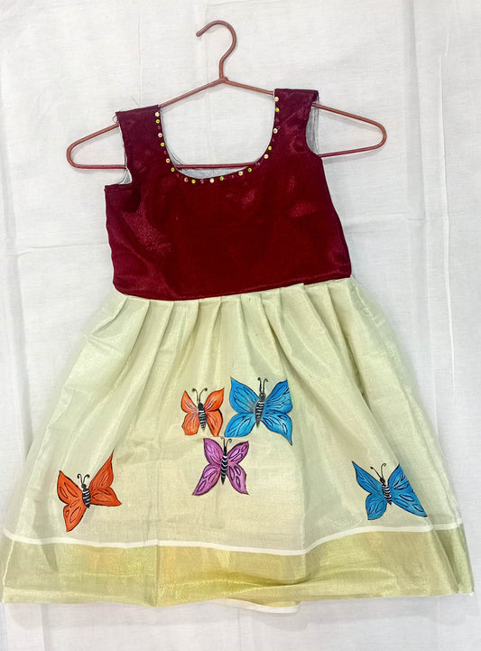 Butterfly design hand mural painting on kerala tissue kasavu frock for kids