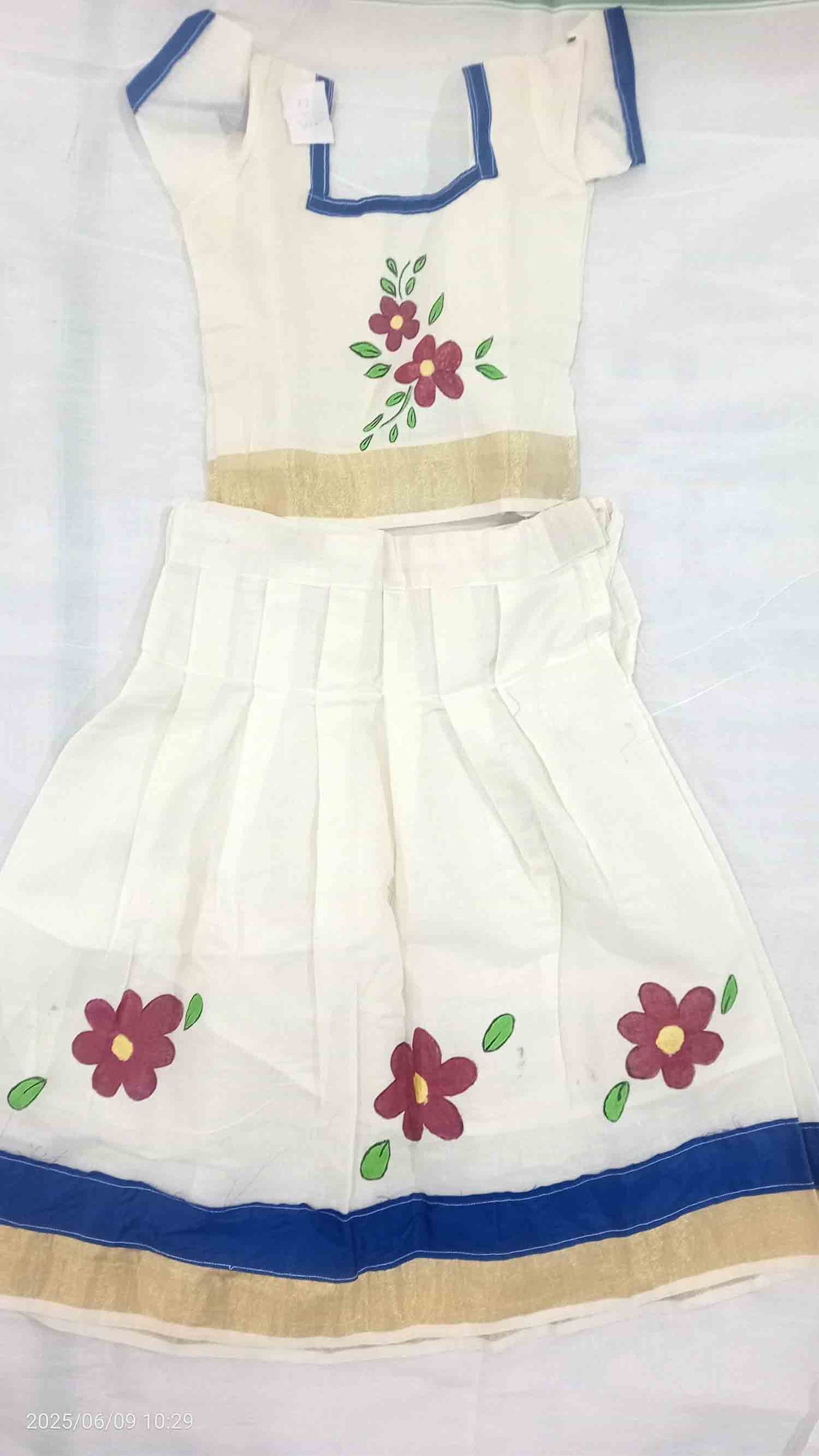 Flower design hand mural painting on kerala cotton kasavu pattu pavada for kids