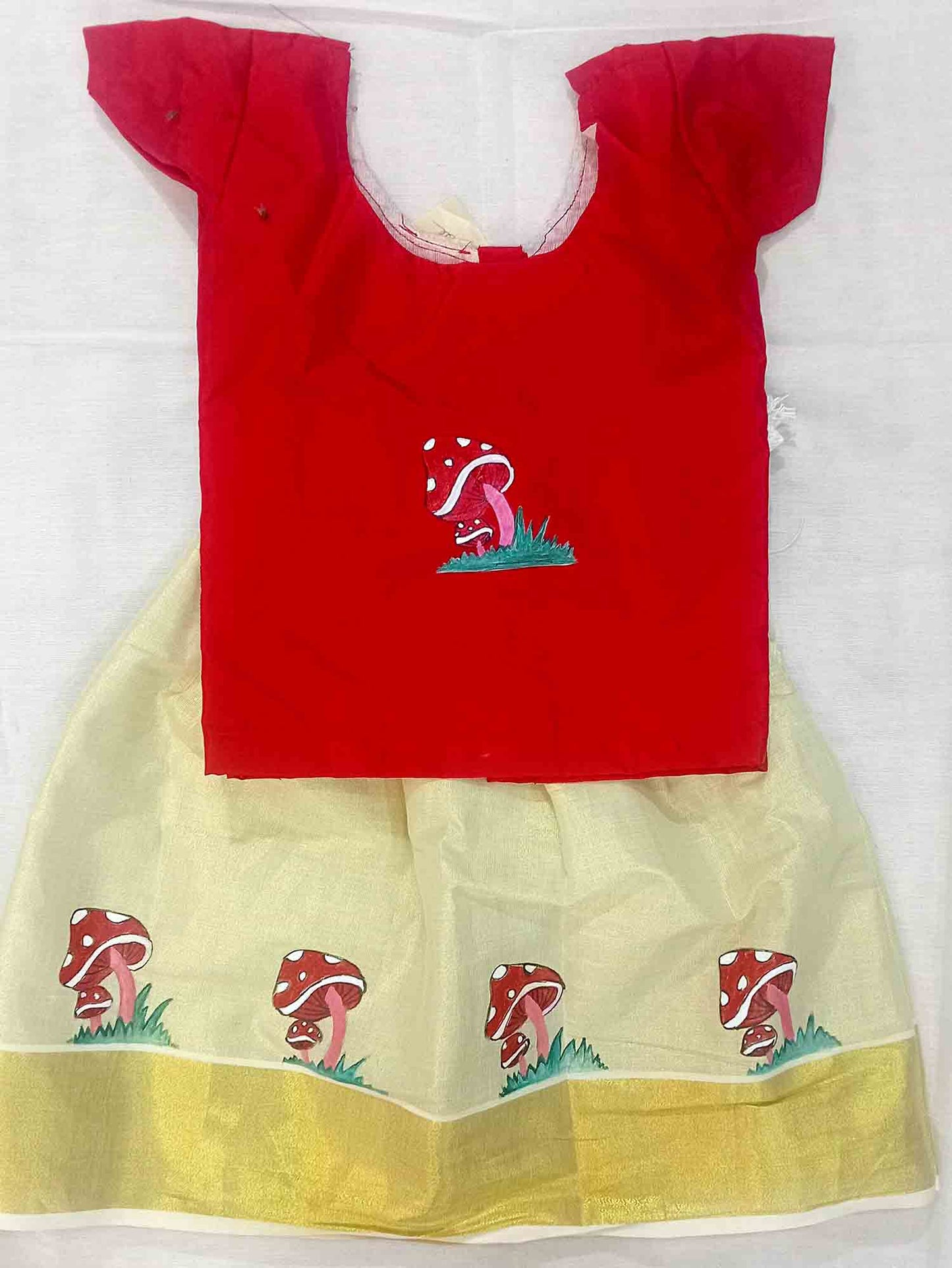 Designer hand mural painting mushroom design pattu pavada with red blouse for kids