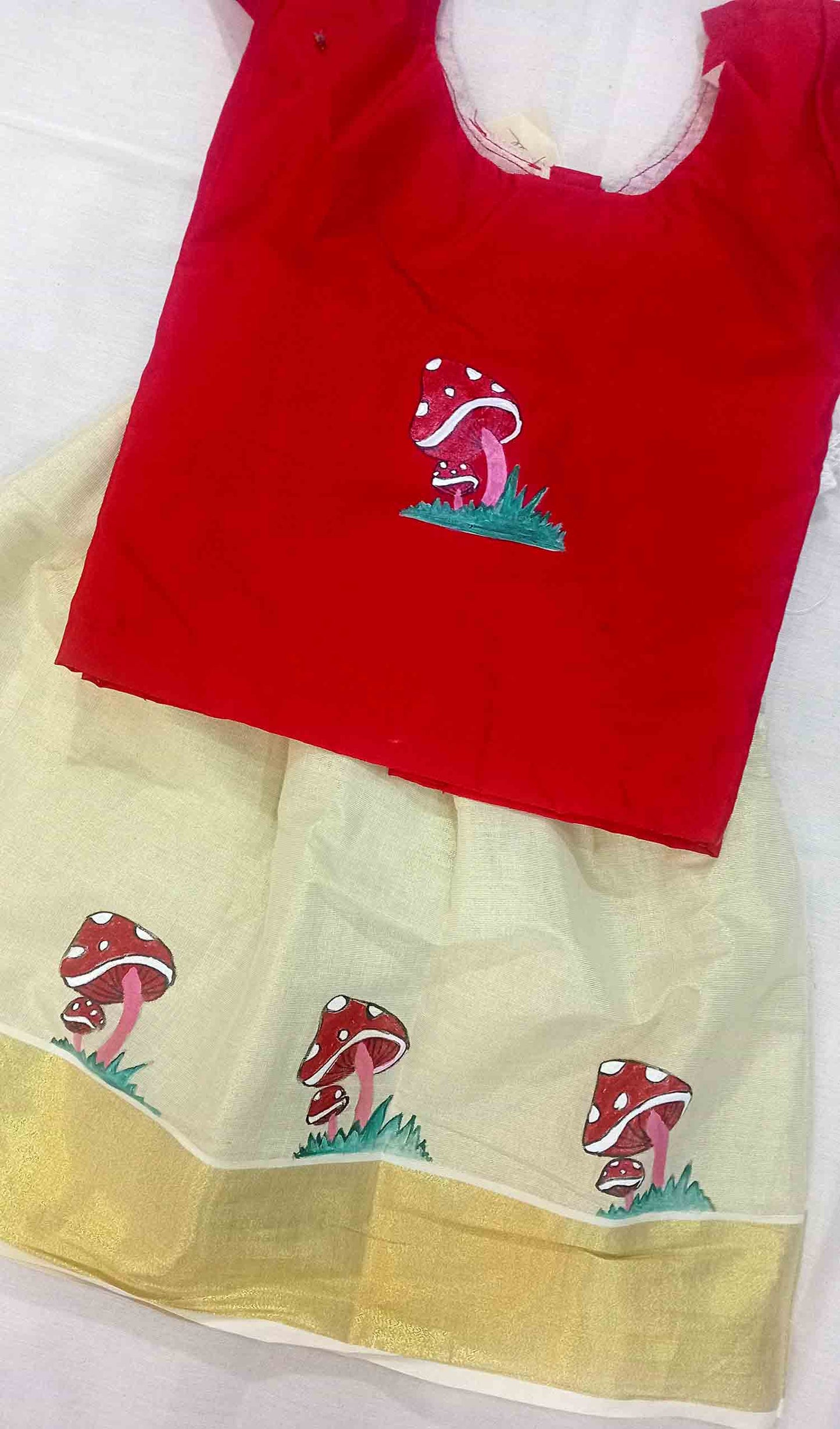 Designer hand mural painting mushroom design pattu pavada with red blouse for kids