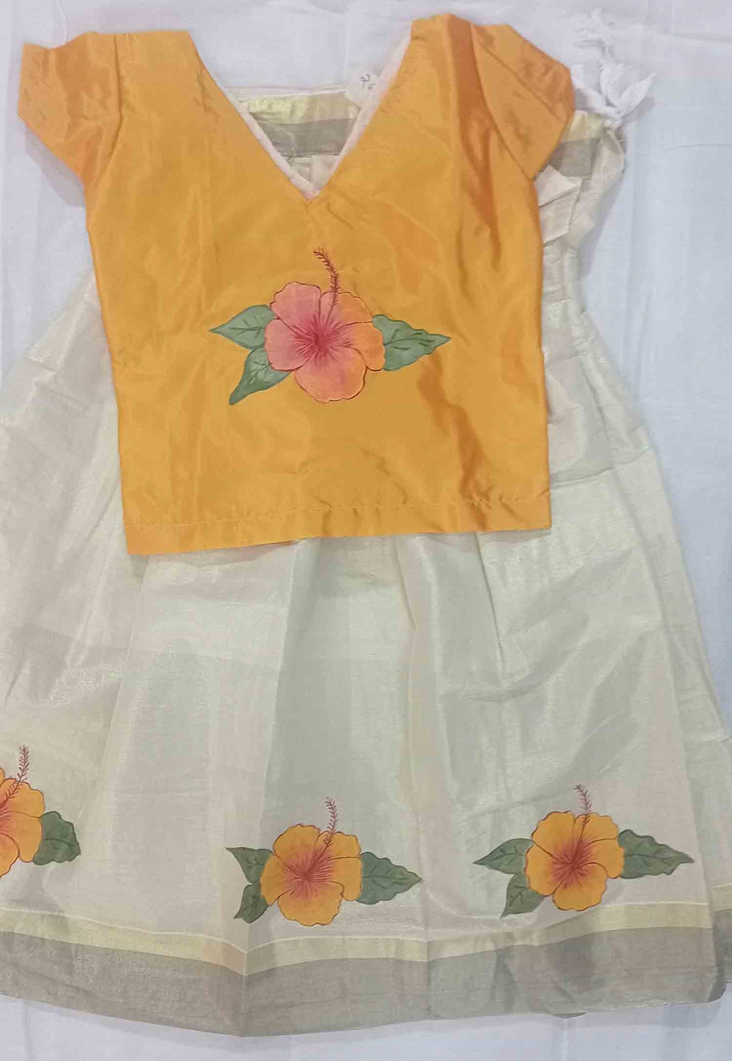Flower design hand mural painting tissue kerala pattu pavada with yellow blouse for kids