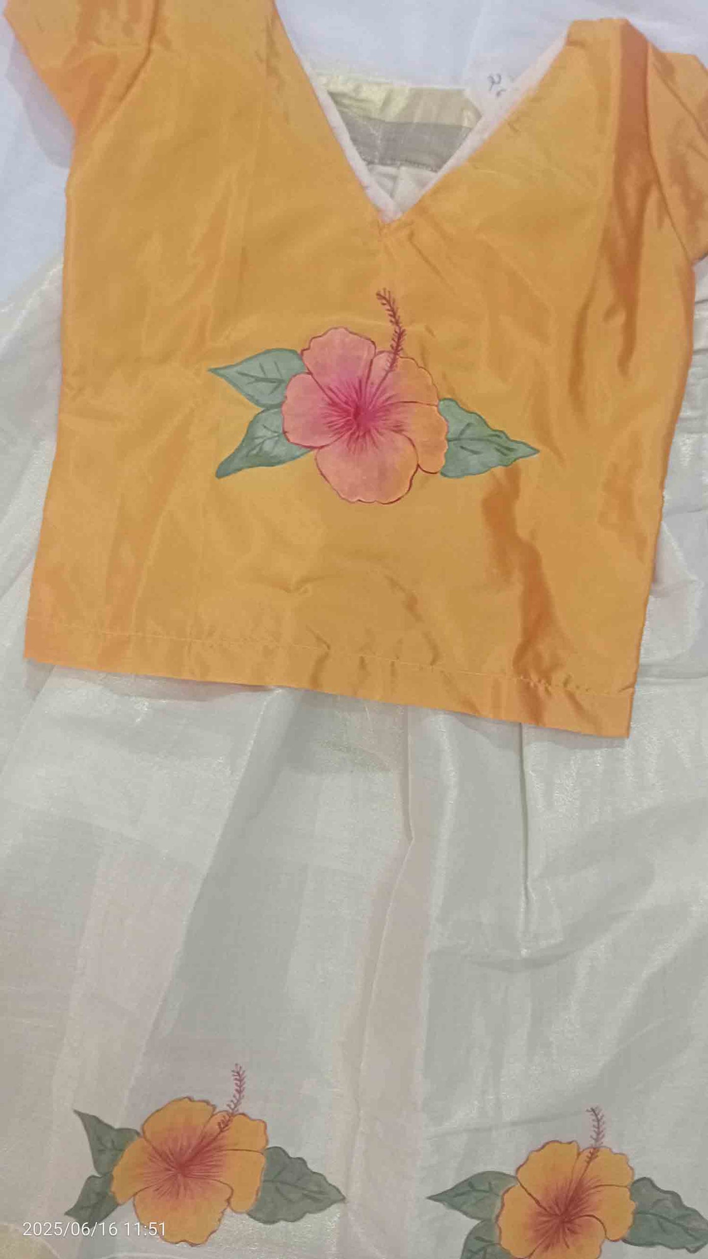 Flower design hand mural painting tissue kerala pattu pavada with yellow blouse